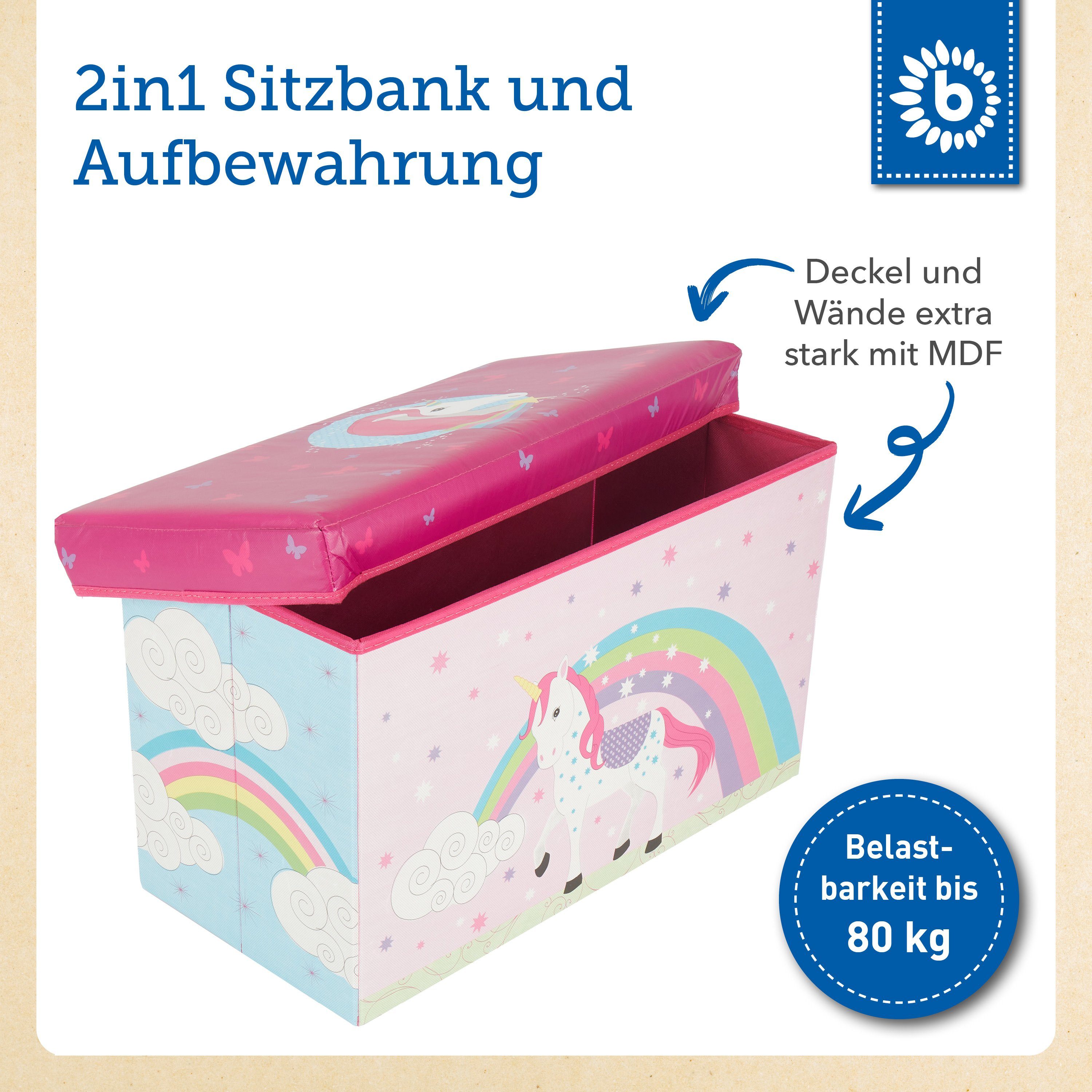 BIECO Spielzeugtruhe Bieco Aufbewahrungsbox mit Deckel Einhorn 60L, faltbar ca. 60x30x35cm Spielzeugkiste mit Deckel Aufbewahrungsbox Kinder Kisten mit Deckel Aufbewahrungsbox Groß Wickeltisch Organizer