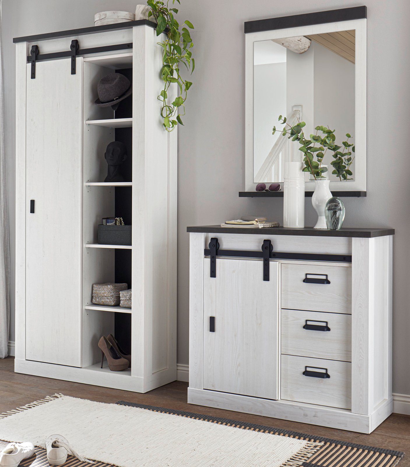 Furn.Design Mehrzweckschrank Stove (Flur- und Schuhschrank in Pinie weiß Landhaus, 93 x 201 cm) mit Schiebetür