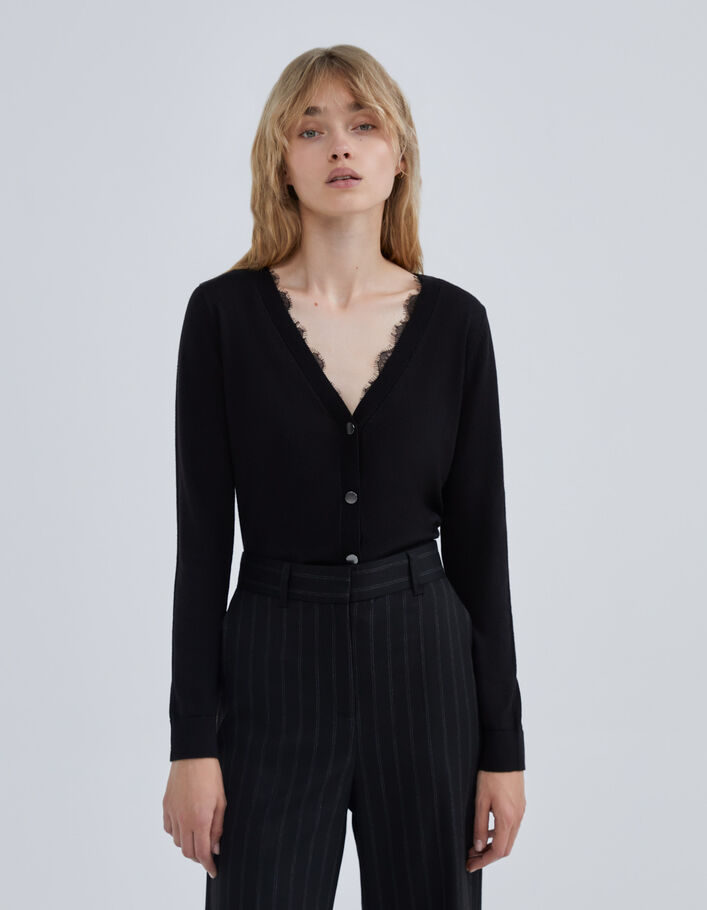Cardigan noir réversible tricot et dentelle Femme