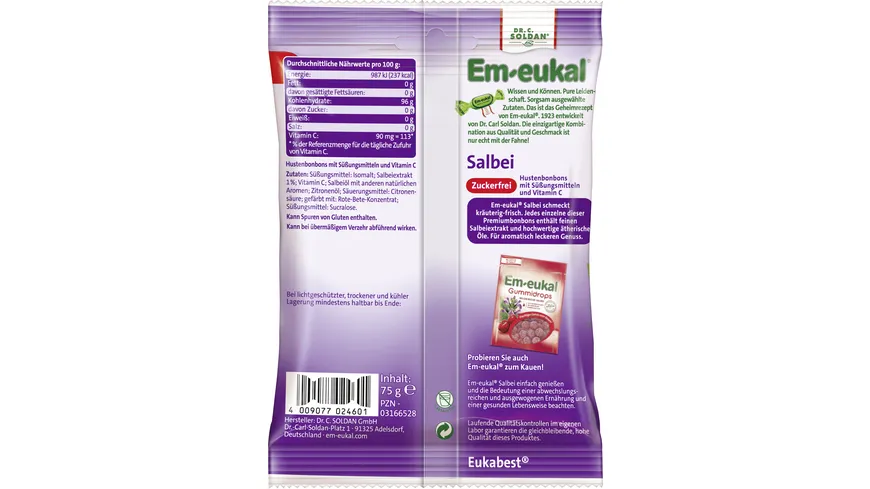 Em-eukal Salbei Hustenbonbons zuckerfrei 75 g