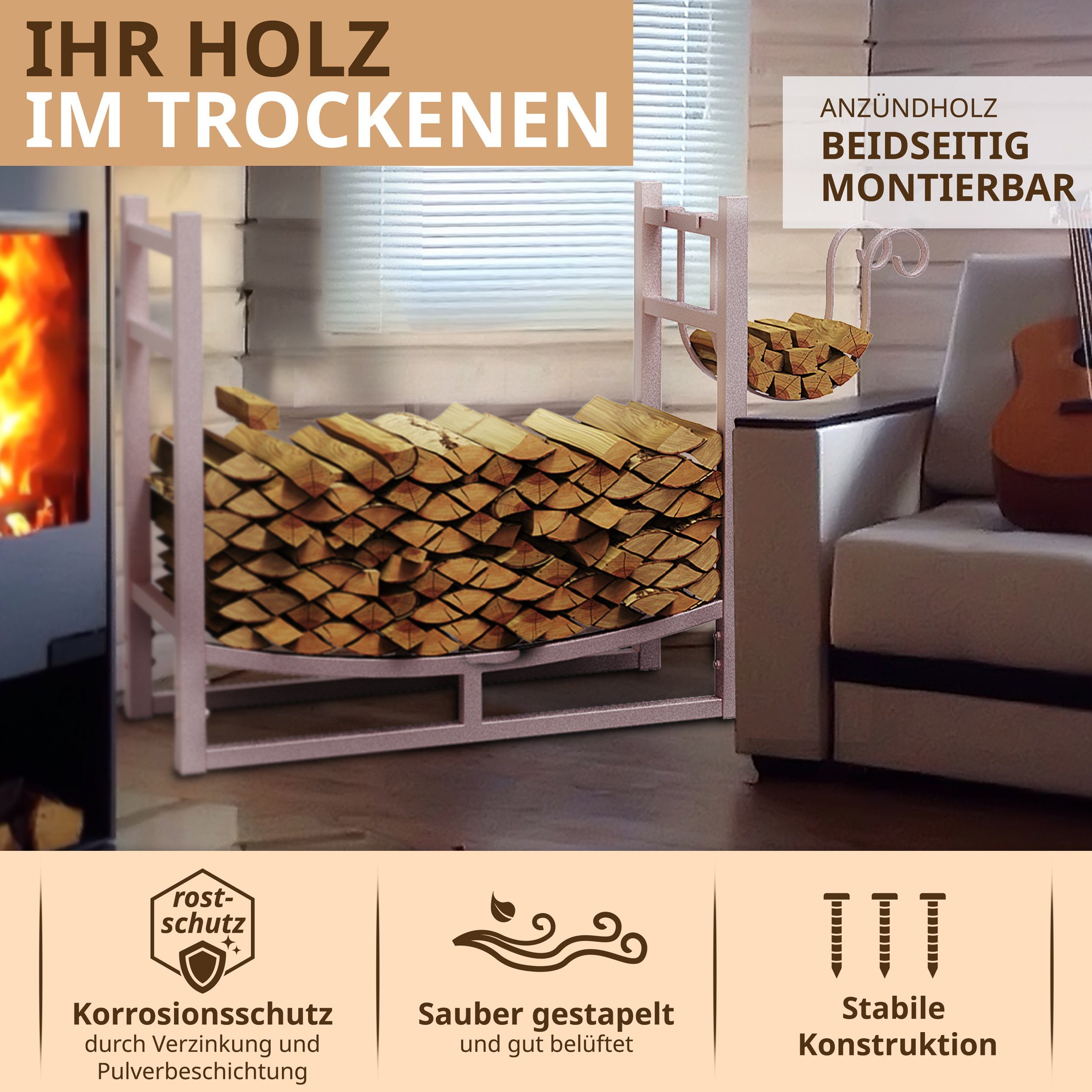 LAWA Living and Lifestyle Kaminholzregal außen Feuerholzregal innen Kaminholzhalter Stapelhilfe Brennholz, BxTxH:84x33x76 cm, verzinkt, pulverbeschichtet, stehend, liegend, BEIGE / CREMEWEIß
