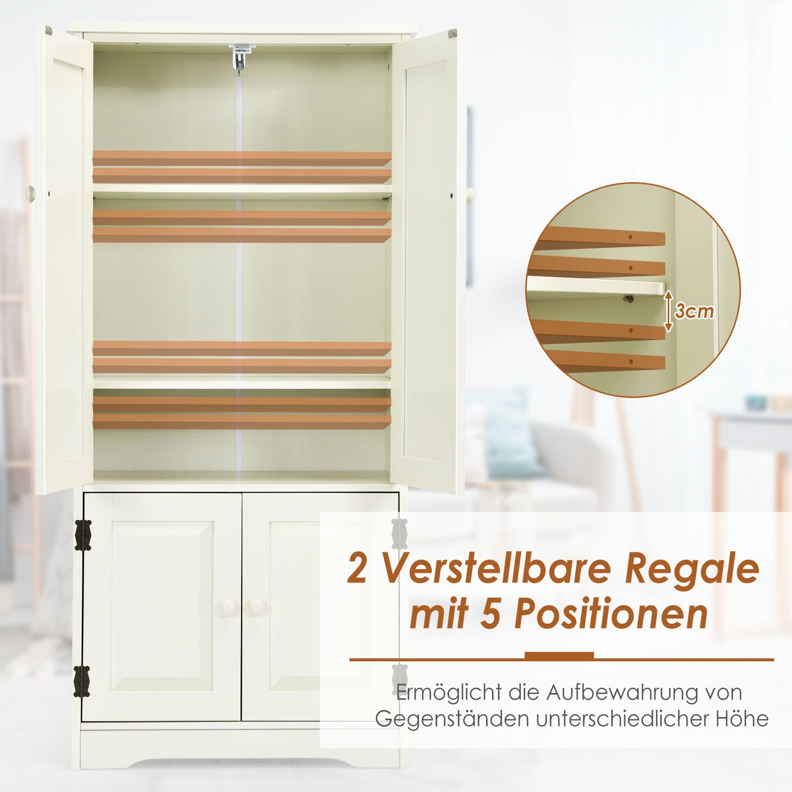 COSTWAY Mehrzweckschrank mit Türen&verstellbarem Regal, Holz, 58,5x31,5x123cm
