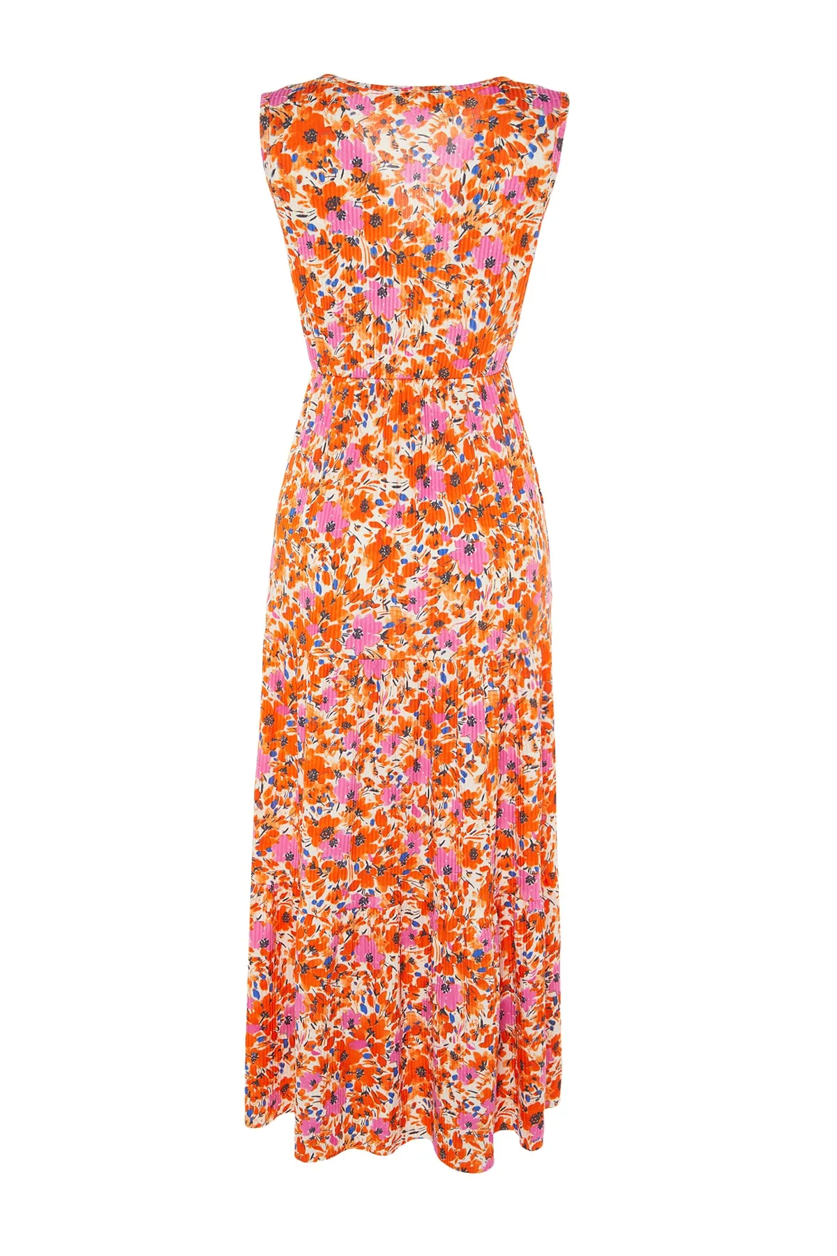 Trendyol Collection  Orangefarbenes, blumengemustertes, ärmelloses Maxi-Strickkleid in A-Linie mit V-Ausschnitt TWOSS22EL1588