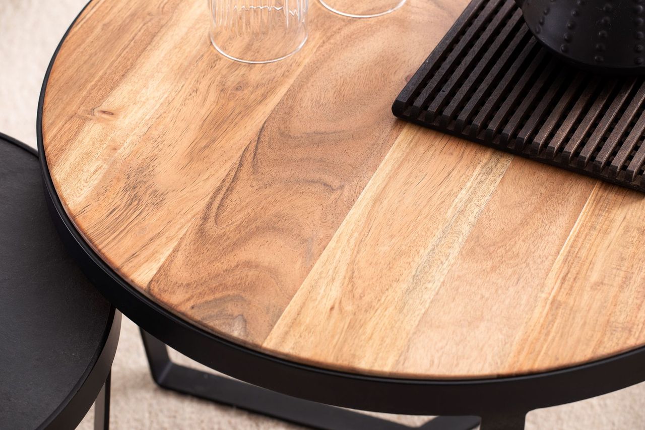 Wohnling Couchtisch 2er Set Rund Holz / Steinoptik Wohnzimmertisch Satztisch