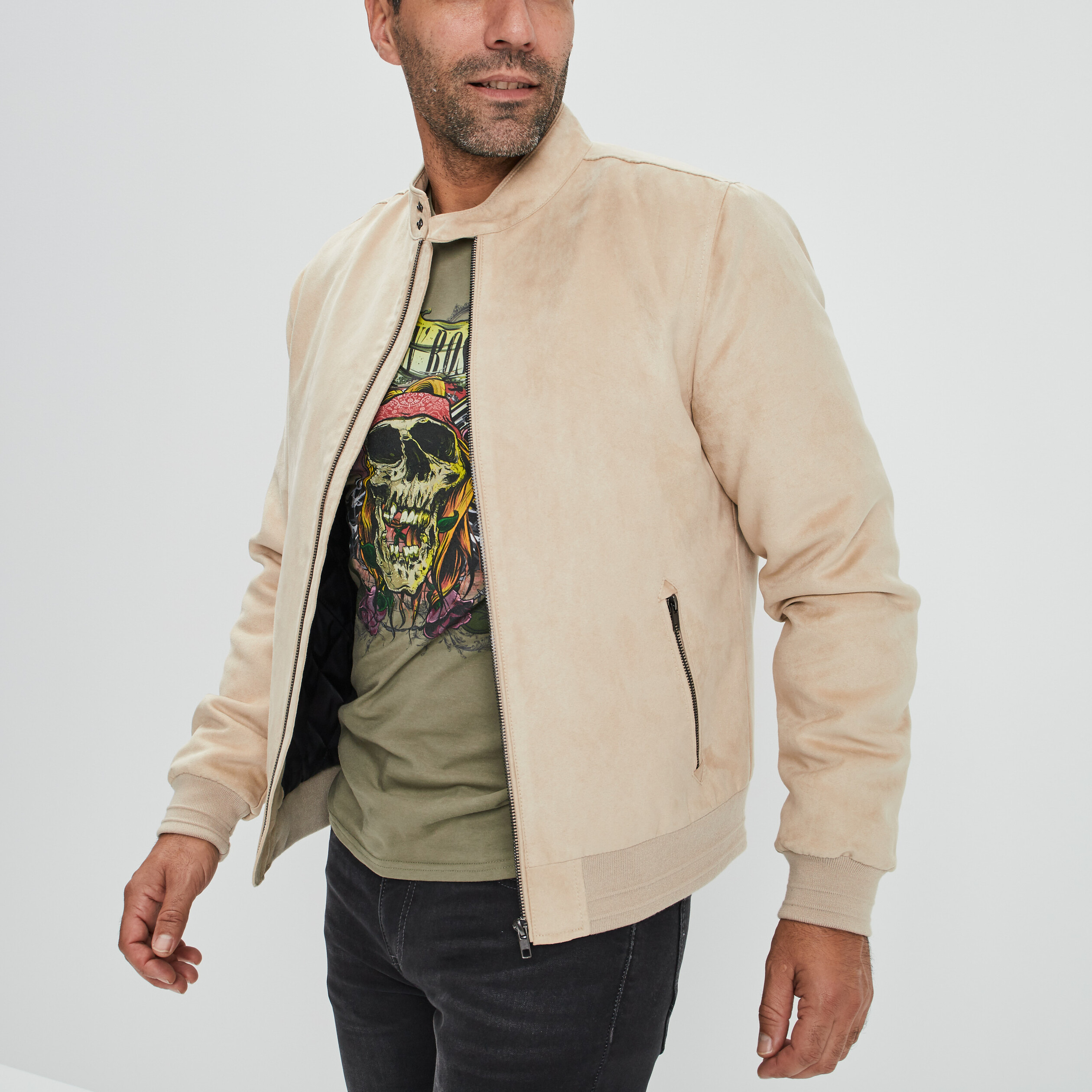 Blouson droit zippé aspect suédine beige homme | La Halle