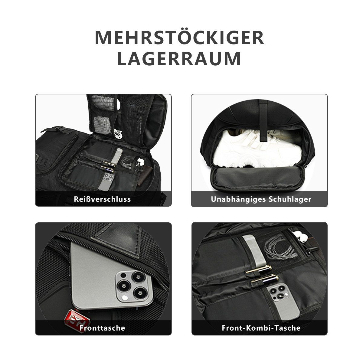 MULISOFT Reiserucksack Erweiterbarer Sportrucksack XL mit Schuhfach Schulrucksack (mit USB Ladeanschluss Anti Diebstahl Business Arbeit Reisen), für Fitnessstudio Arbeit Camping, Herren Damen, Schwarz