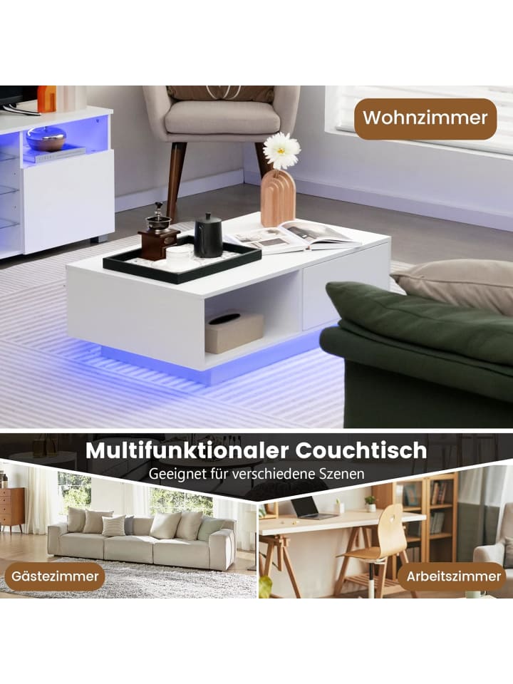 COSTWAY Couchtisch mit LED 95cm in Weiß günstig kaufen onesize