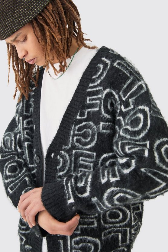 Kastiger flauschiger Cardigan mit Logo
