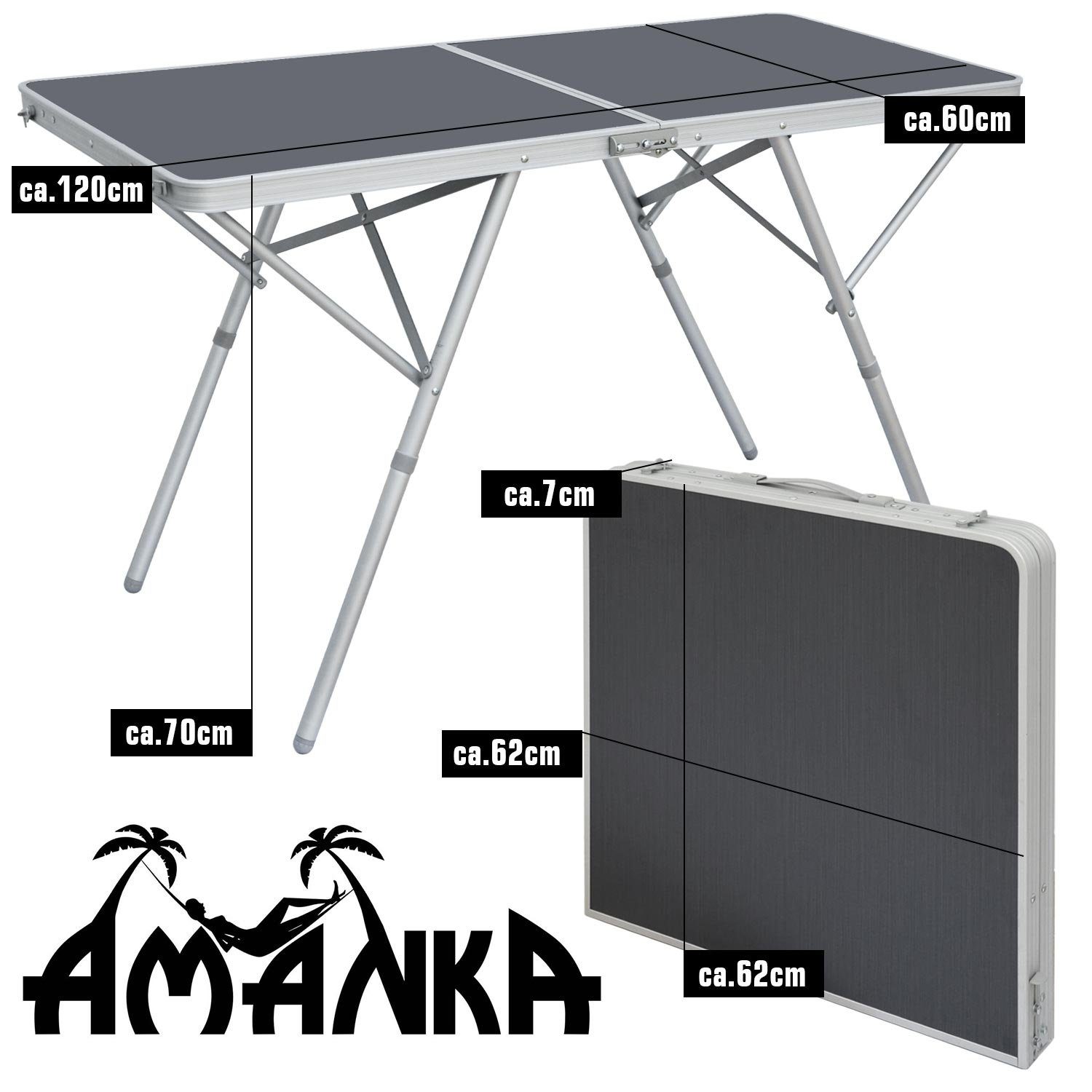 AMANKA Campingtisch Standfester Aluminium Campingtisch Klapptisch, 120x60x70cm Alutisch grau