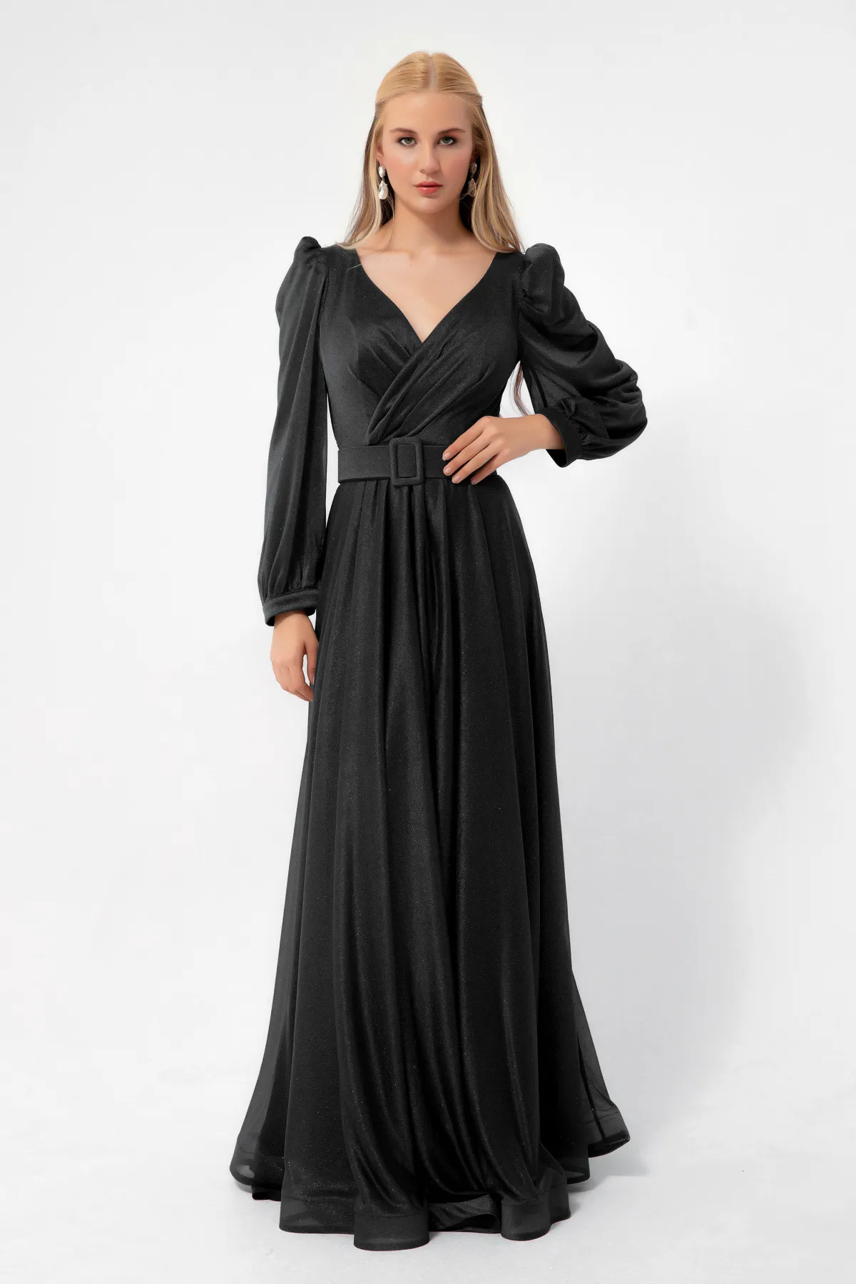 Lafaba  Schwarzes, zweireihiges, ausgestelltes Abendkleid für Damen mit silbernem Kragen