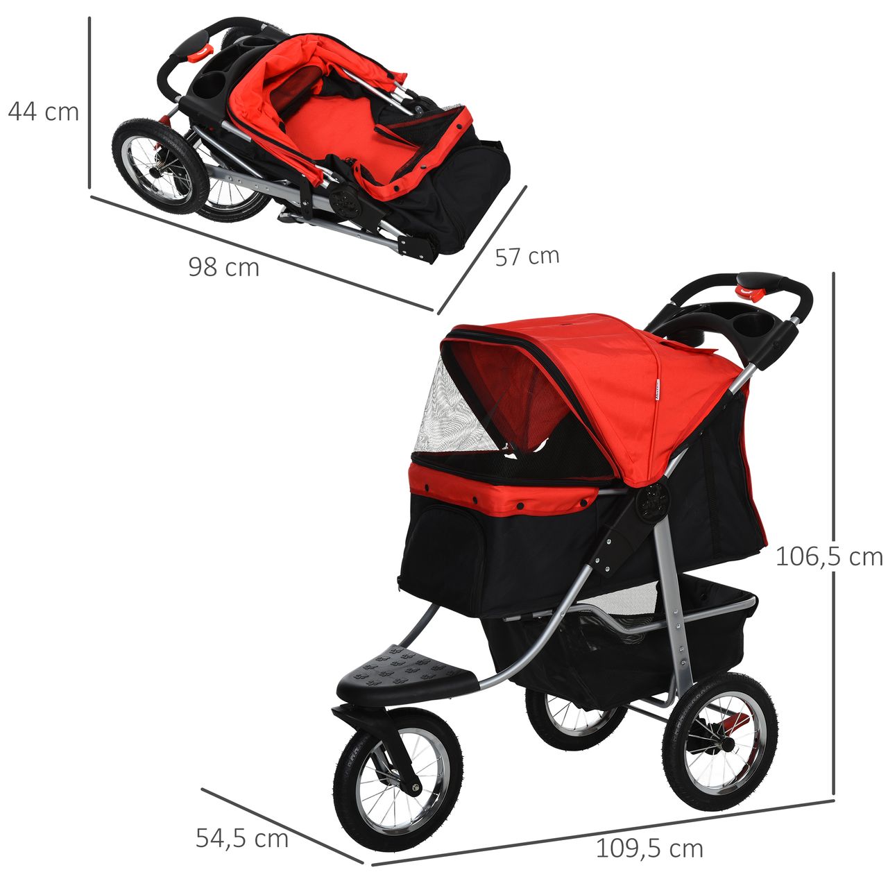 PawHut Hundewagen Hundebuggy Katzen Pet Stroller mit 3 Rädern klappbar Rot