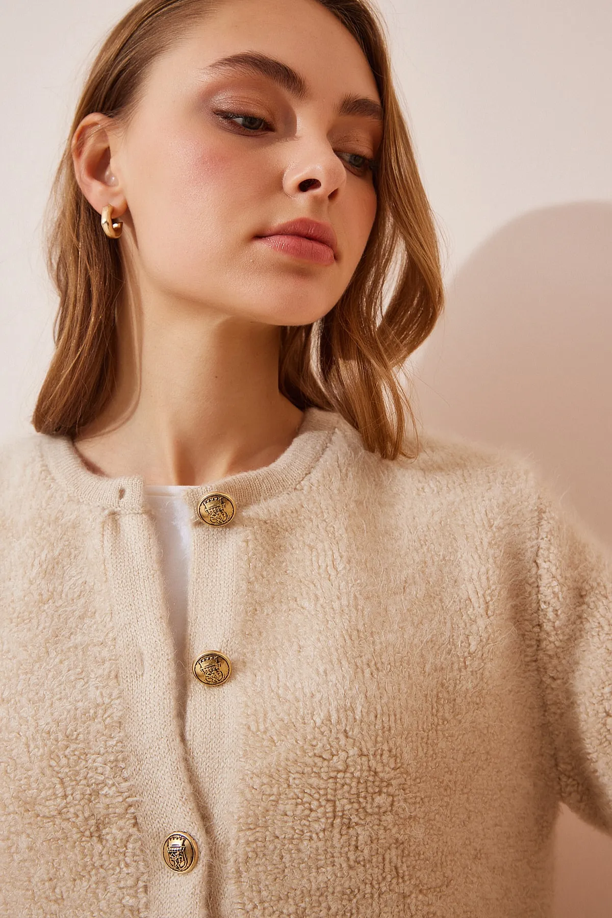 Happiness İstanbul  Damen Dunkelcreme Bouclé Strickjacke Cardigan YY00117
