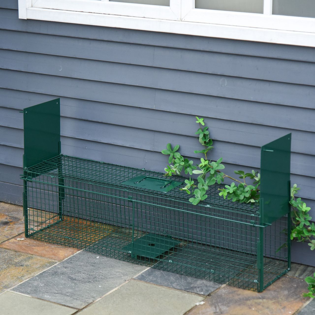 PawHut Tierfalle Marderfalle Fangfalle für Kaninchen Katzenfalle Ratte 2 Eingänge Griff Metall Dunkelgrün 100L x 25B x 28H cm