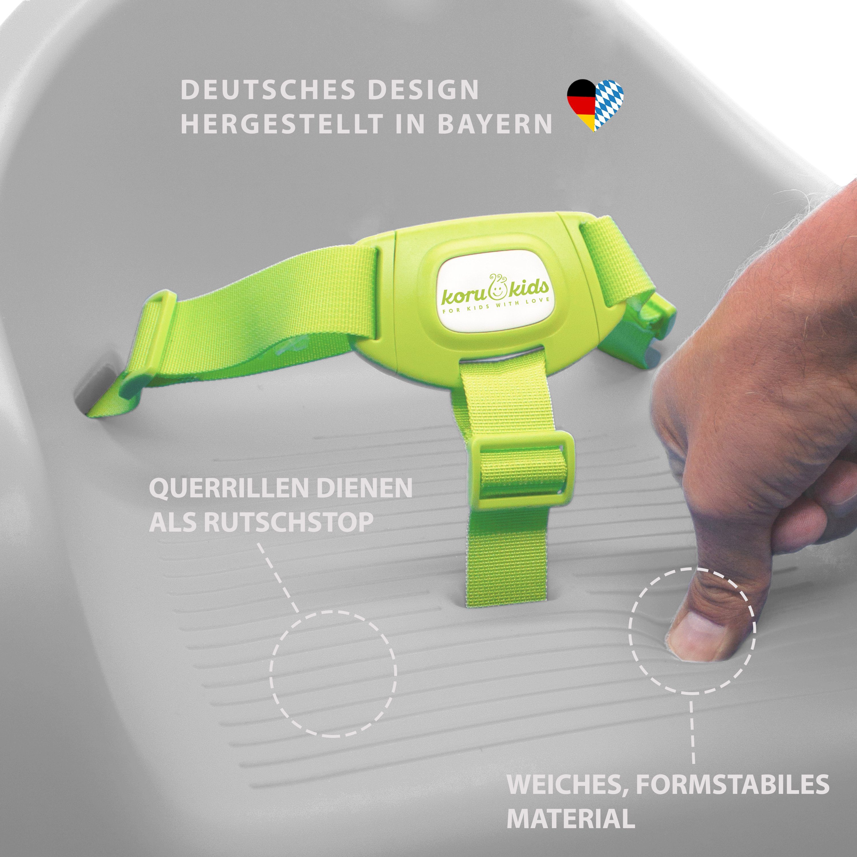 Koru Kids Kindersitzerhöhung Toddler Booster, ab: 12 Monate, bis: 7 Jahre plus, bis: 40,00 kg, Leicht am Stuhl zu fixieren, leicht zu reinigen, stapelbar, robust