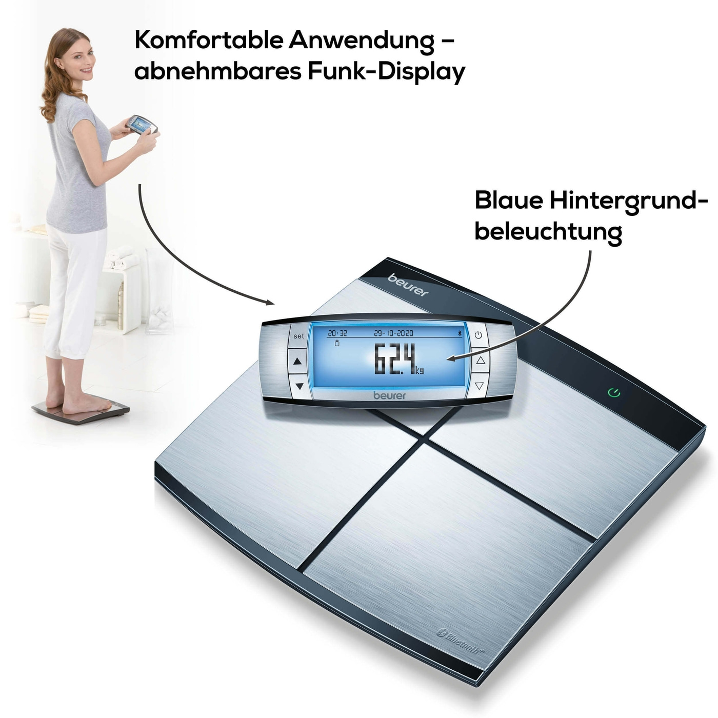 Beurer Diagnosewaage BF 105 BodyComplete-Körperwaage mit Ganzkörperanalyse Ober-/Unterkörper & App-Anbindung bis 180 kg
