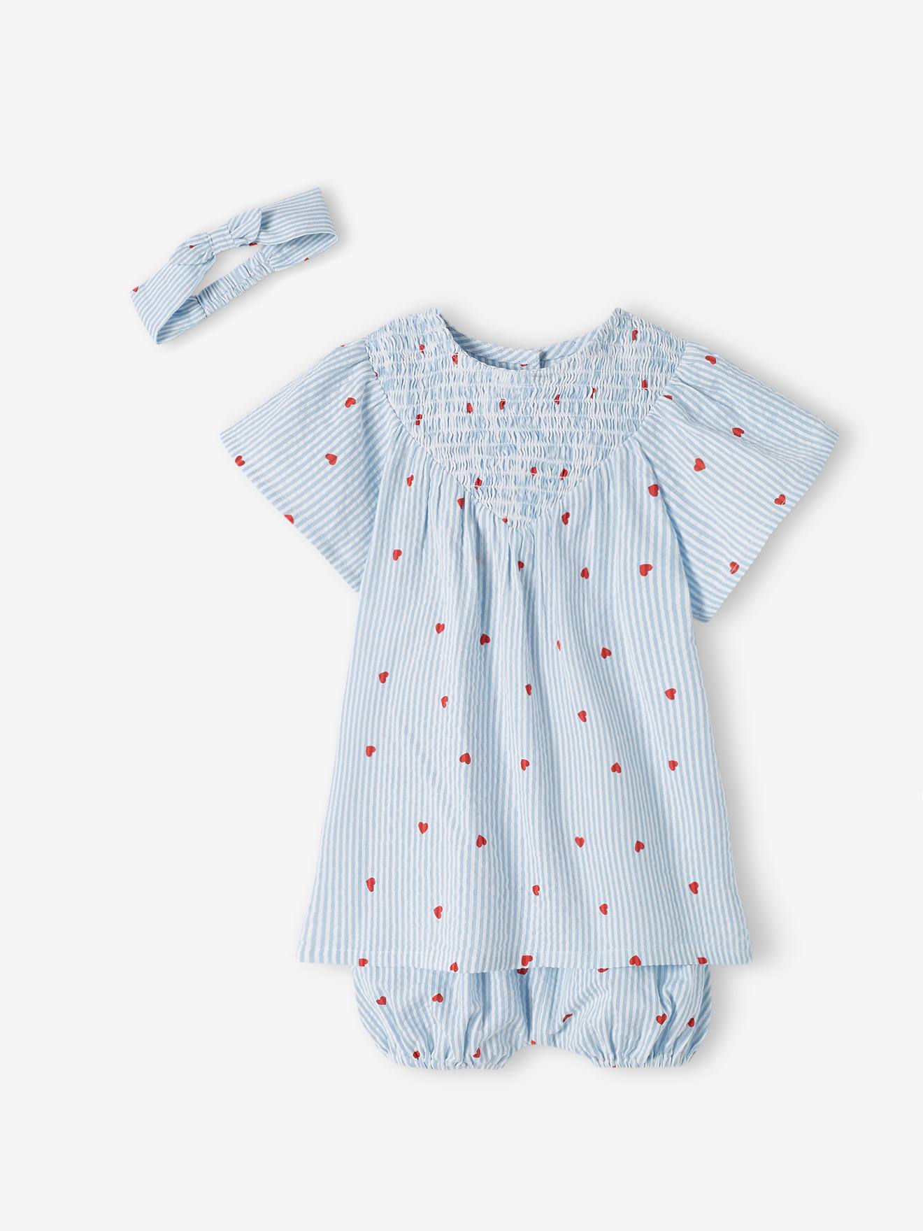 Vertbaudet Baby-Set aus Seersucker: Kleid, Shorts & Haarband - blau gestreift