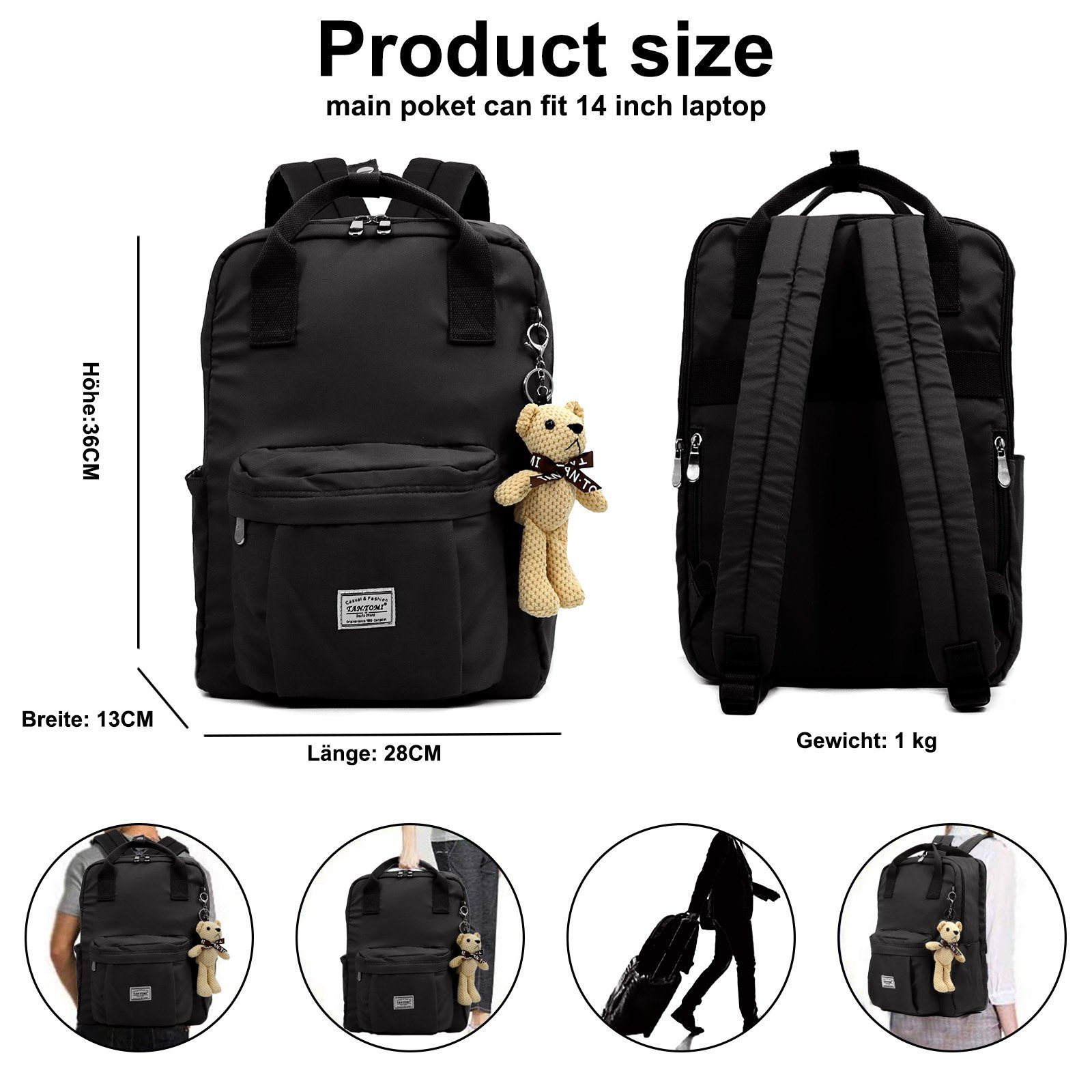 TAN.TOMI Schulrucksack Schulrucksäcke Mädchen Jungen & Kinder Damen Herren, mit laptopfach für 15 Zoll Notebook, wasserdichte Schultasche