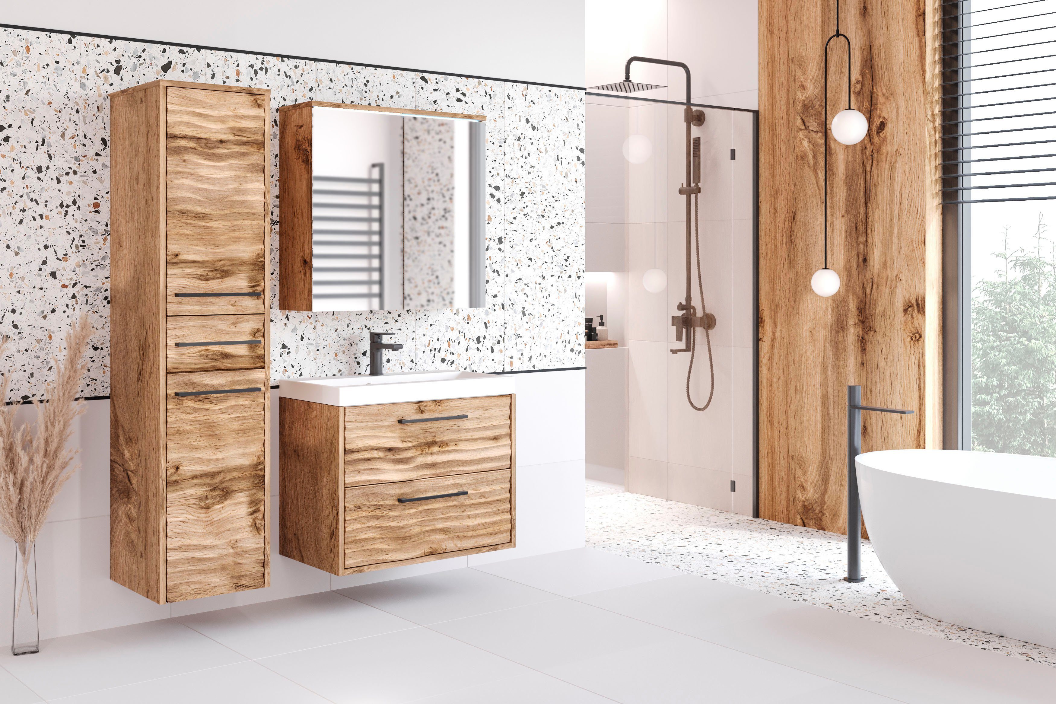 welltime Badmöbel-Set Canada, (Komplett-Set, 3-St., Fronten mit Wellenstruktur), Badmöbel mit Soft-Close, Spiegelschrank, Waschtisch mit Becken