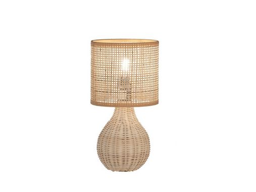 meineWunschleuchte LED Nachttischlampe, LED wechselbar, Warmweiß, Holzfuß & Designer Lampenschirm Korb-Geflecht Landhaus-Stil, Höhe 31cm