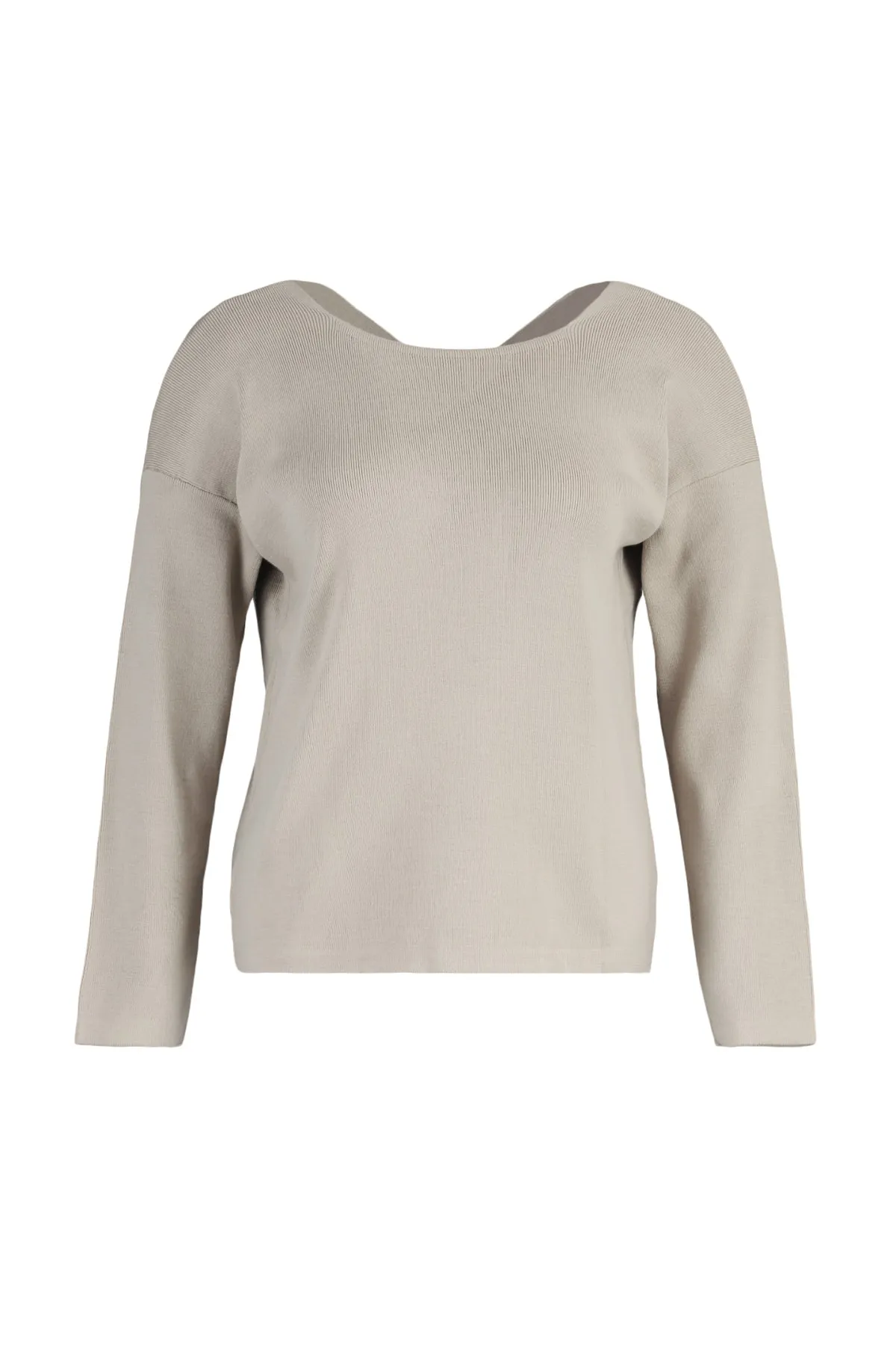 Trendyol Curve  Beigefarbener Strickpullover mit Kreuzbanddetail auf der Rückseite