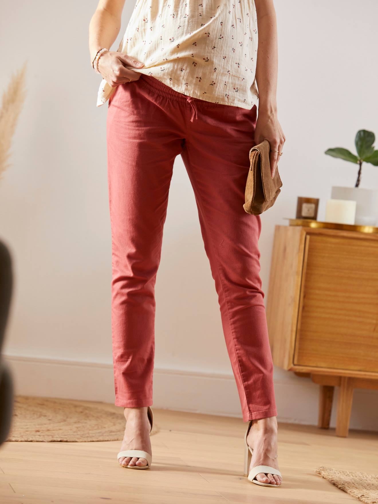 Pantalon chino de grossesse rouge moyen uni