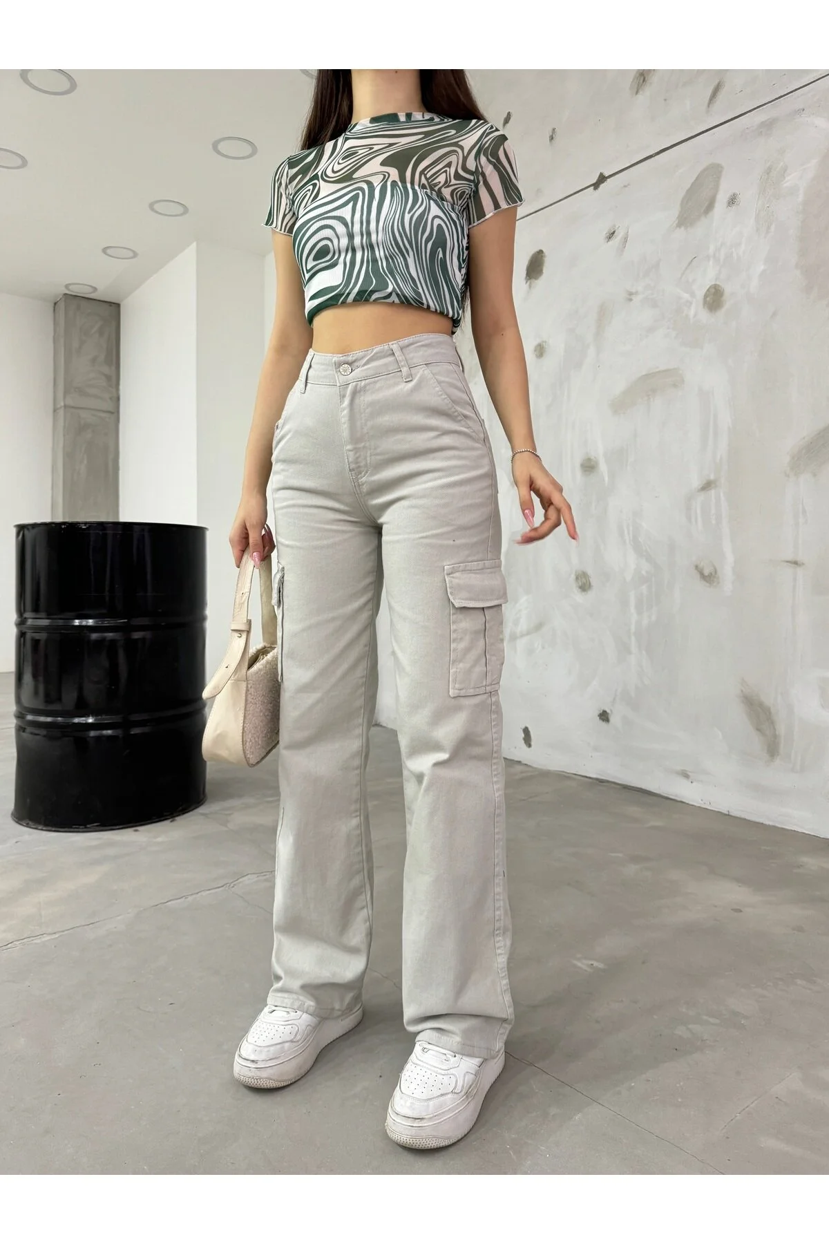 BİKELİFE  Steinige Cargohose für Damen mit hoher Taille und weitem Bein