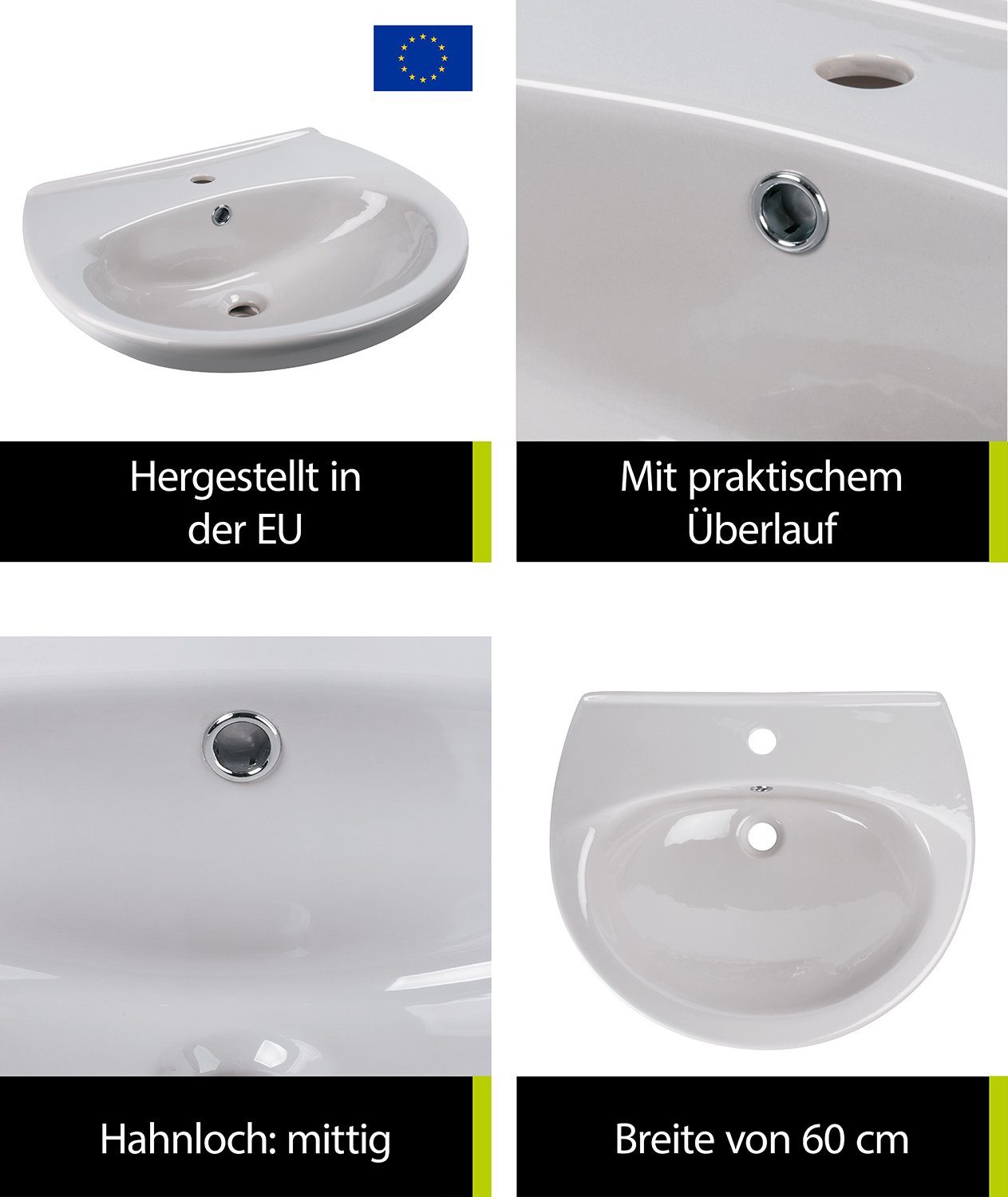 aquaSu Waschbecken (Hänge-Waschtisch oder Aufsatz-Waschtisch, 1-St., Waschbecken mit Überlauflaufschutz), 60 cm, Keramik, Manhattan-Grau, Überlaufschutz, 561341
