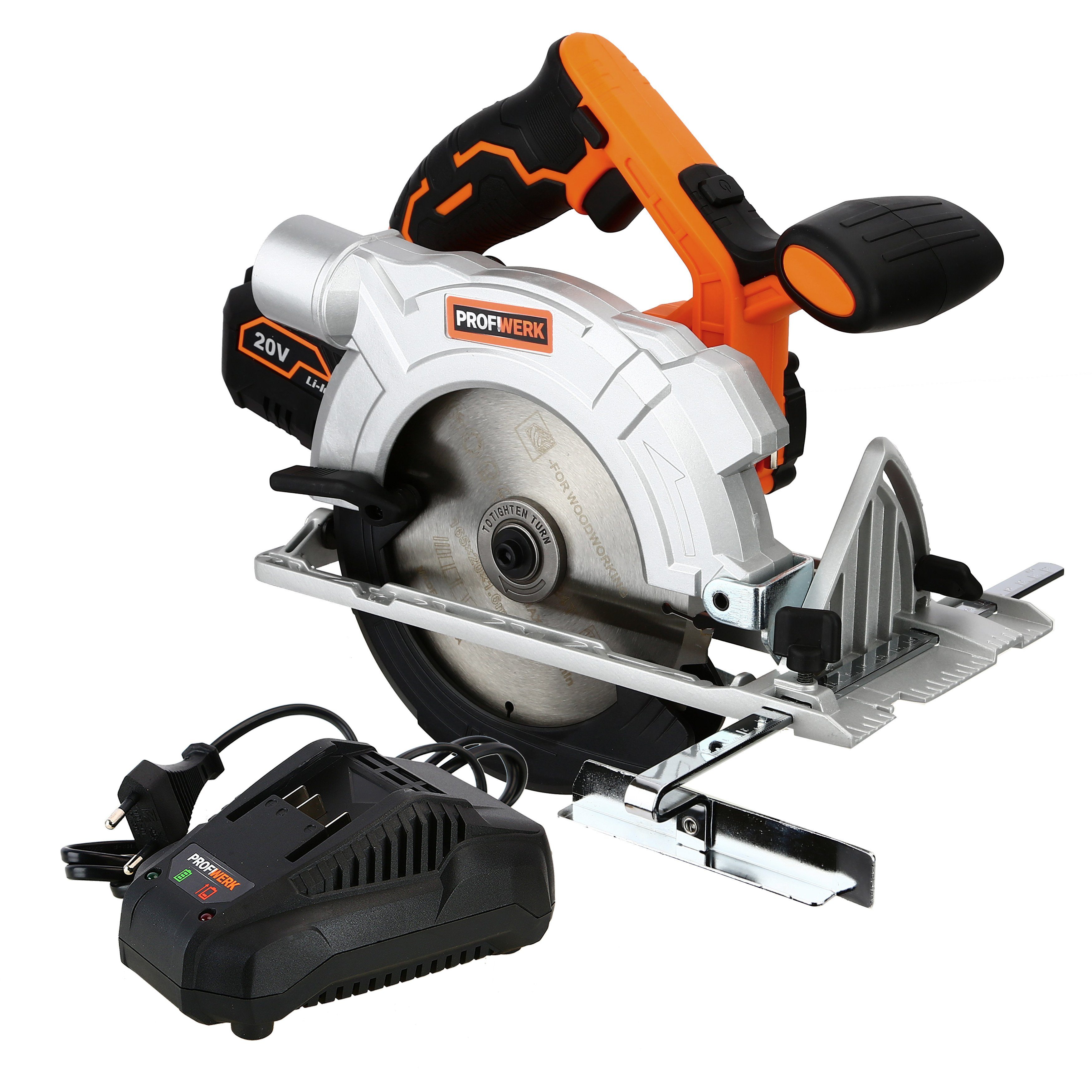 Profiwerk Akku-Handkreissäge PWHKS-01-Kit 20V, 165 mm, Schnittleistung 54/35 mm 90/45°, 4,0Ah Akku, Netzteil