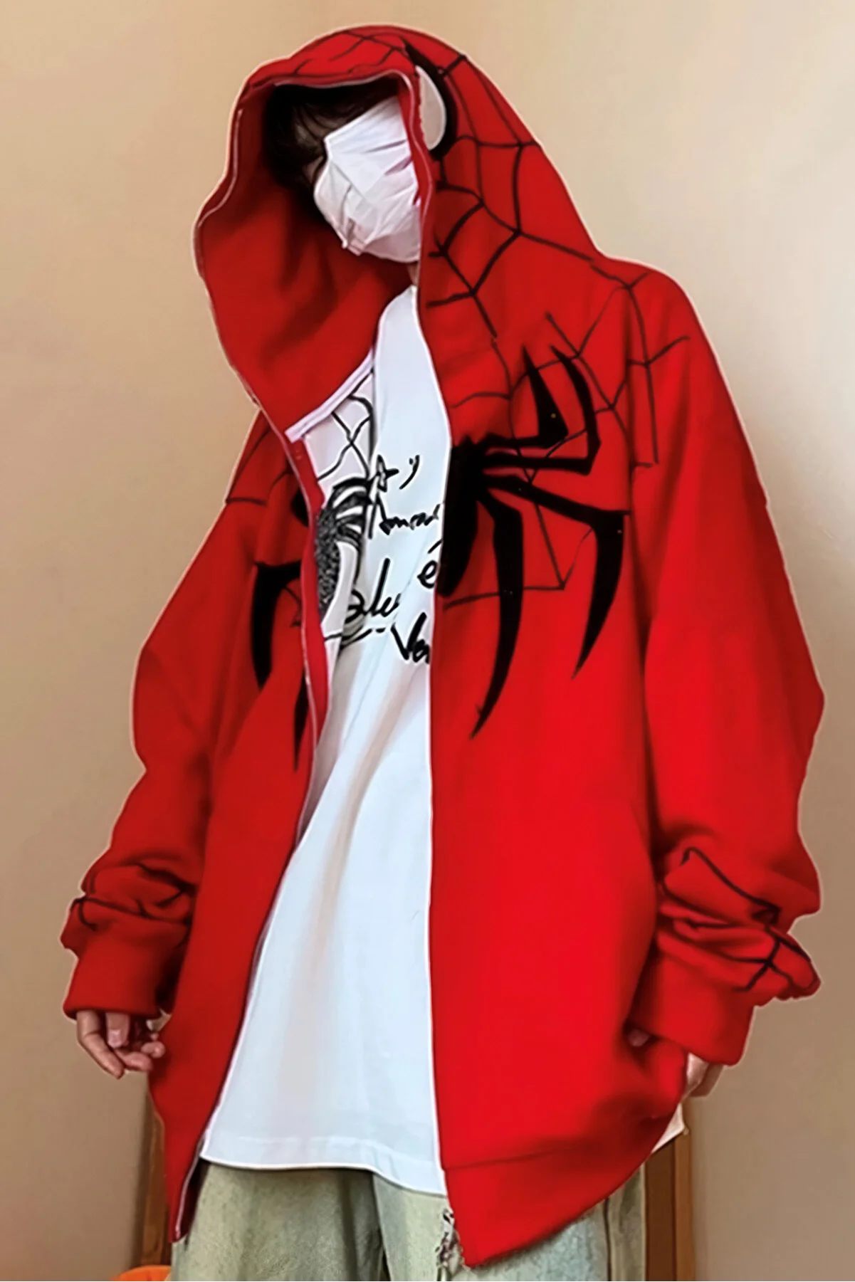 EFBUTİK  Roter Y2k Streetwear Spiderman Web Oversize Unisex Kapuzen-Cardigan mit Reißverschluss