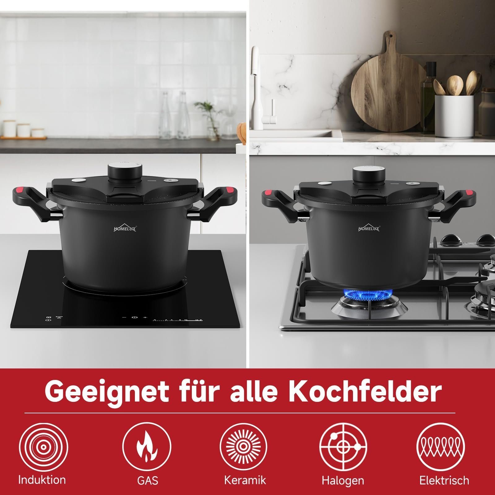 HOMELUX Schnellkochtopf Energiespartopf Ø 24 cm Kochtopf mit Niederdruck 5,5L Topf, Aluminium (Geeignet für alle Herdarten, Energieeffizient&schnell), induktionsgeeignet