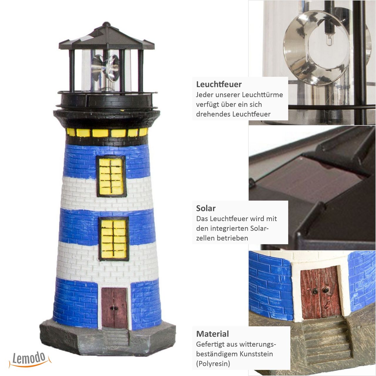 Lemodo Lemodo Gartendeko Leuchtturm mit Solar blau/weiß, handbemalte Gartenfigur 37 cm hoch