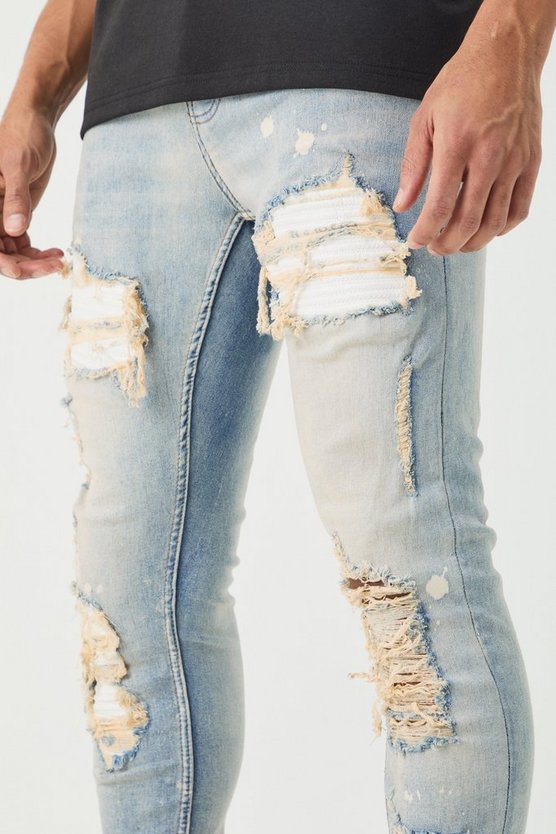 Weiße Skinny Stretch Bikerjeans mit Rissen