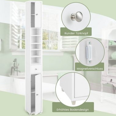 COSTWAY Hochschrank Bad, Schmal, mit Schublade, 2 Türen & Fächern, 180cm weiß