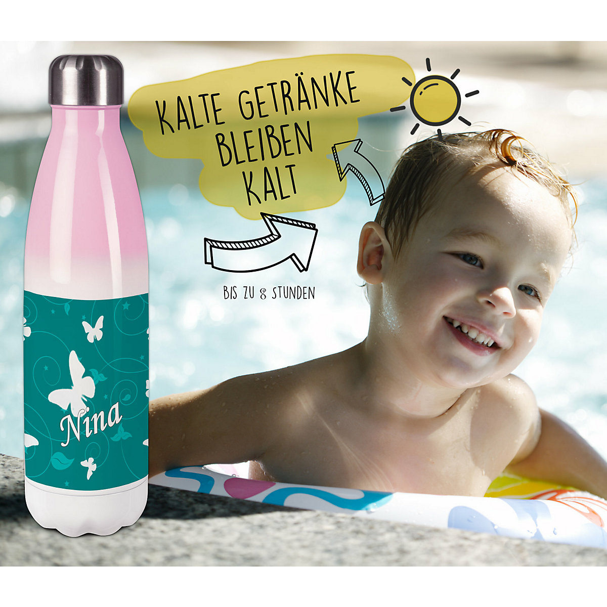 Edelstahl Kinder Thermoflasche / Trinkflasche bunt Schmetterling Ornamente Farbe petrol Spülmaschinenfest, Auslaufsicher, Bruchfest, Doppelwandig, Für Heißgetränke geeignet, Mit Deckel, Isoliert