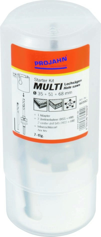 Kit de démarrage Projahn 60592 TCT : 7 scies cloches TCT (68, 51 et 35 mm), 1 adaptateur, 2 forets de centrage, 1 clé Allen