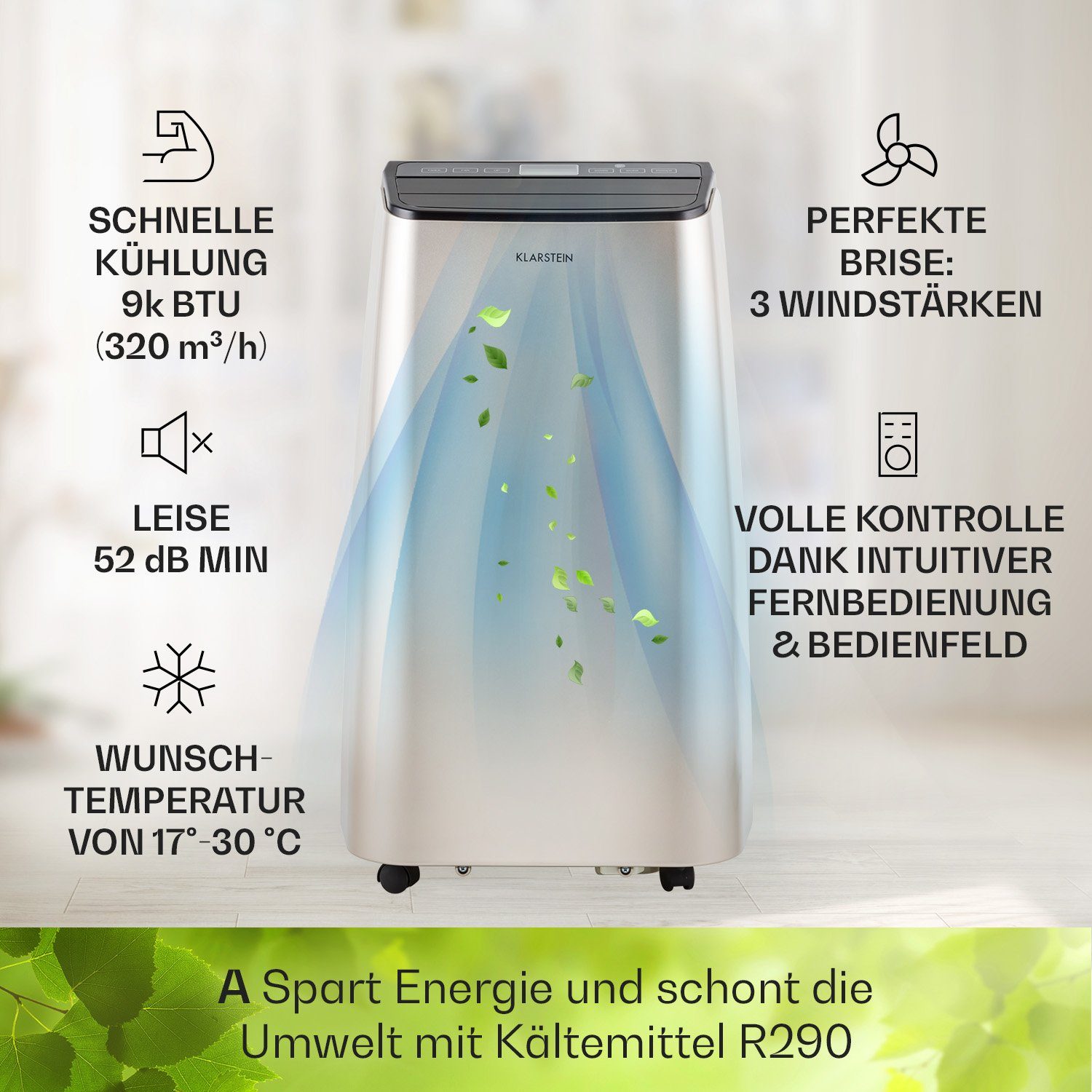 Klarstein Klimagerät Metrobreeze 9 Paris, Klimagerät mobil Air Conditioner Kühlgerät Luftkühler