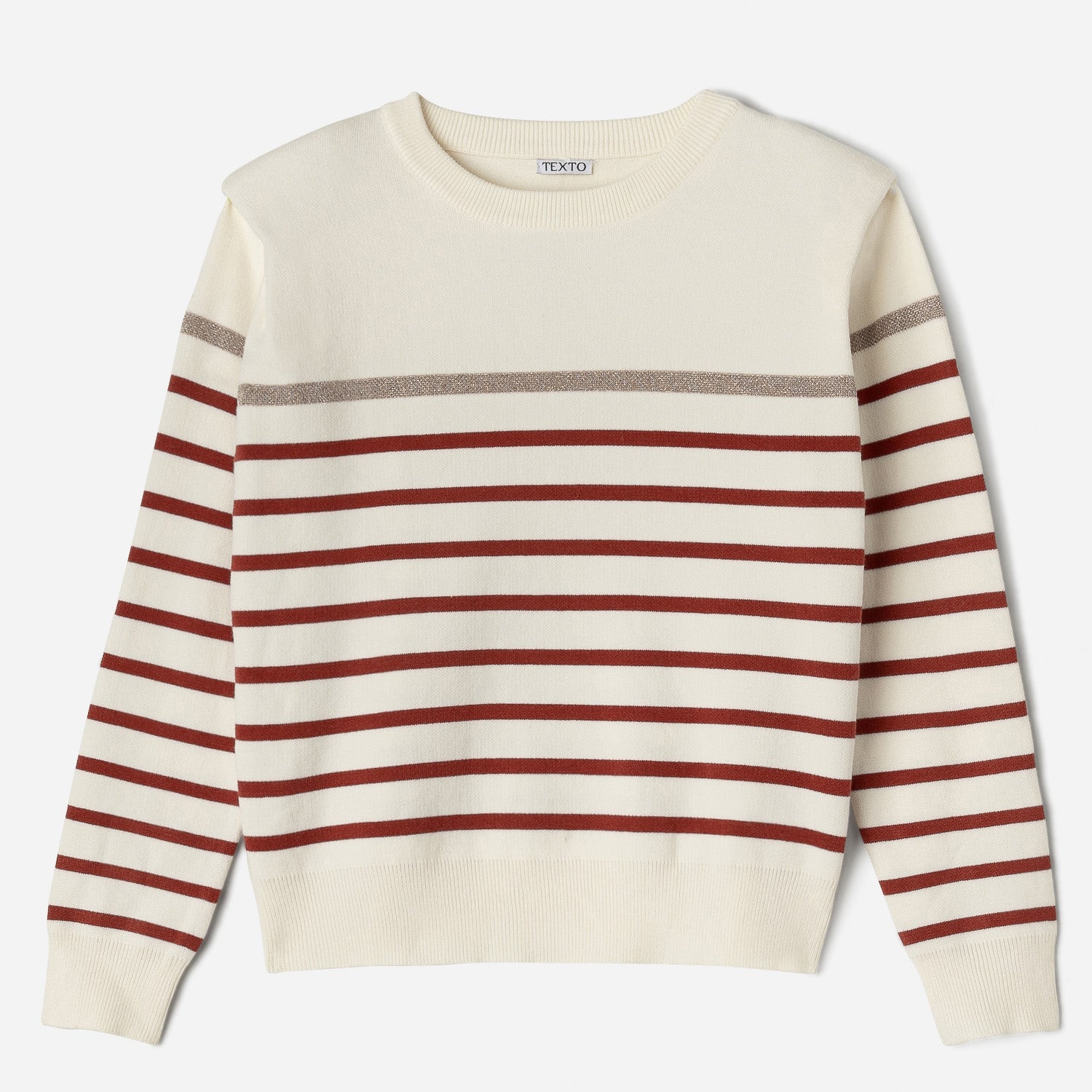 Pull écru tricot rayures brique et dorée