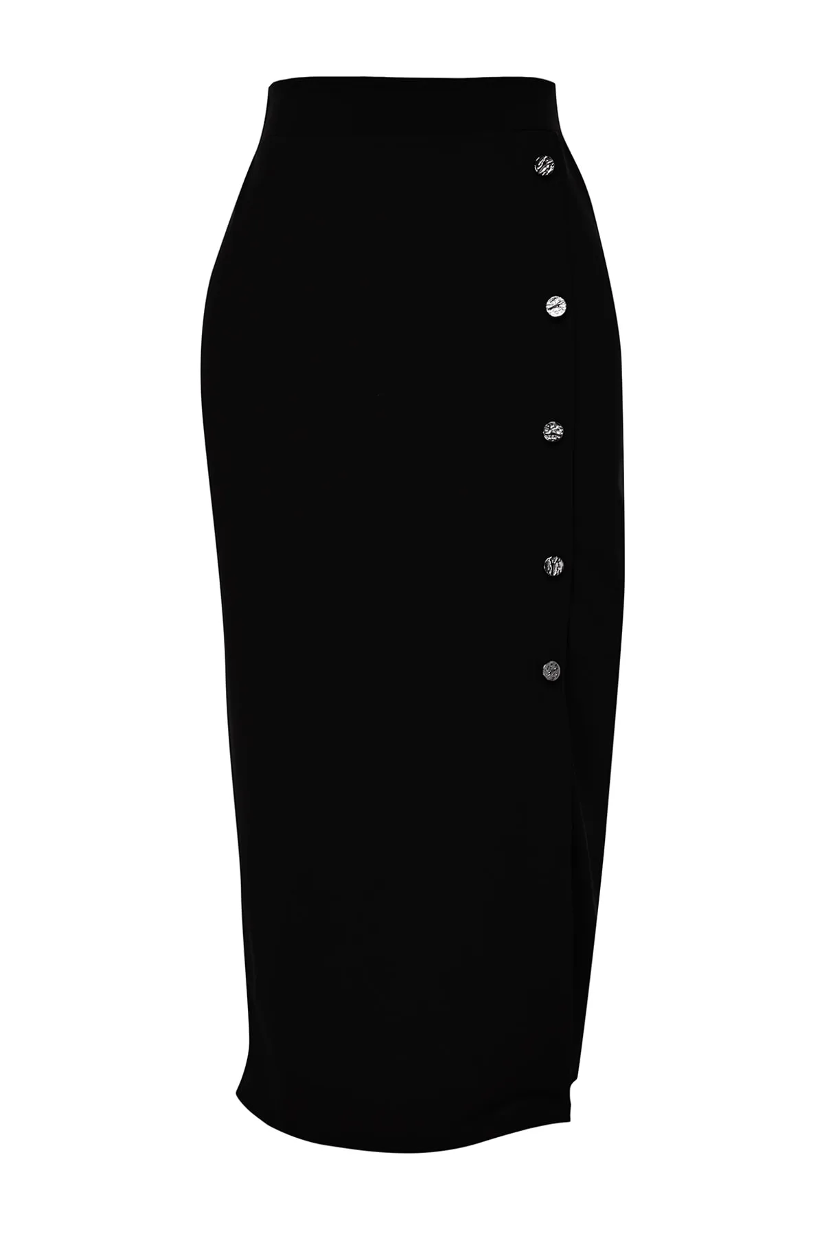 Trendyol Collection  Schwarzer, eleganter Crêpe-Midirock mit hoher Taille und Knopfleiste, Stretch-Strick TWOSS23ET00320