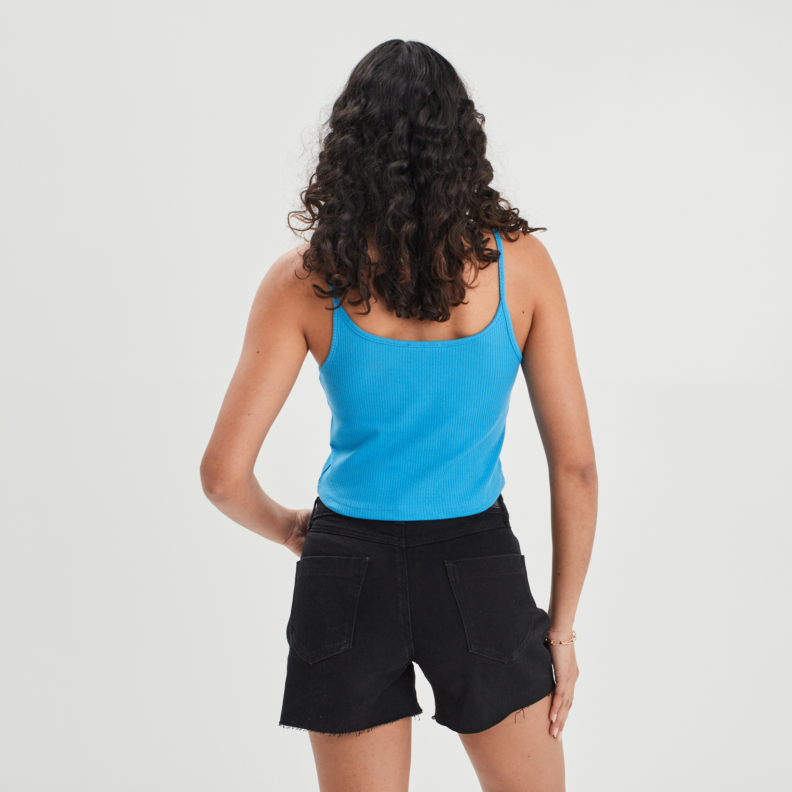 Débardeur cropped côtelé bleu femme | La Halle