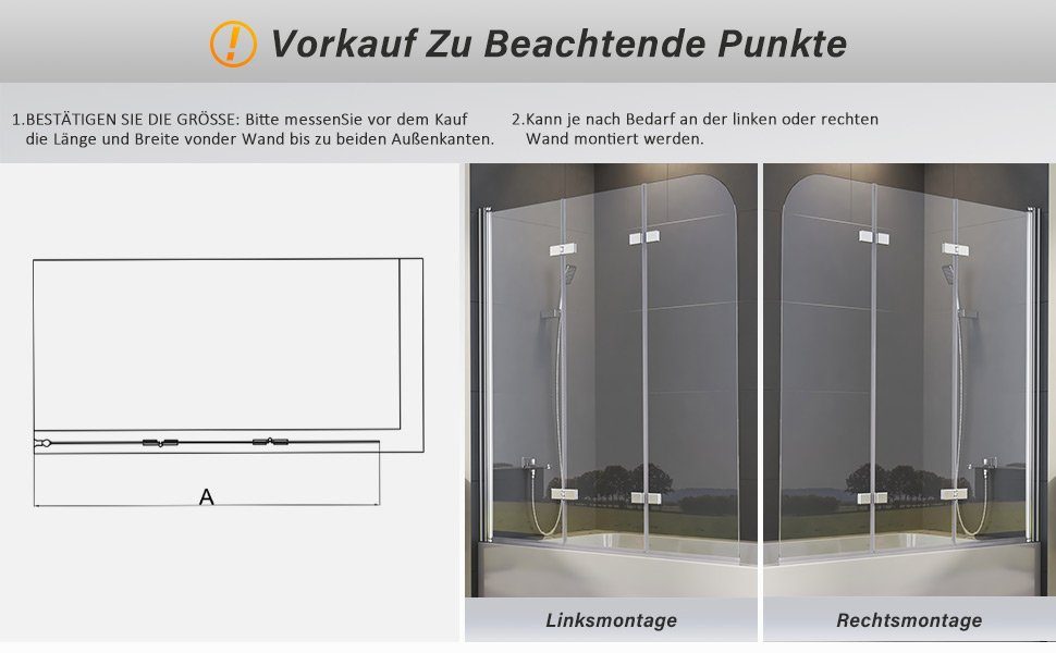 GOEZES Badewannenfaltwand 5mm Sicherheitsglas beideseitig Nano, Verstellber Aluprofile, (3 teilig faltbar 180° Faltwand, BxH:140x140, 130x140, 120x140cm), Rechts-und Links montierbar