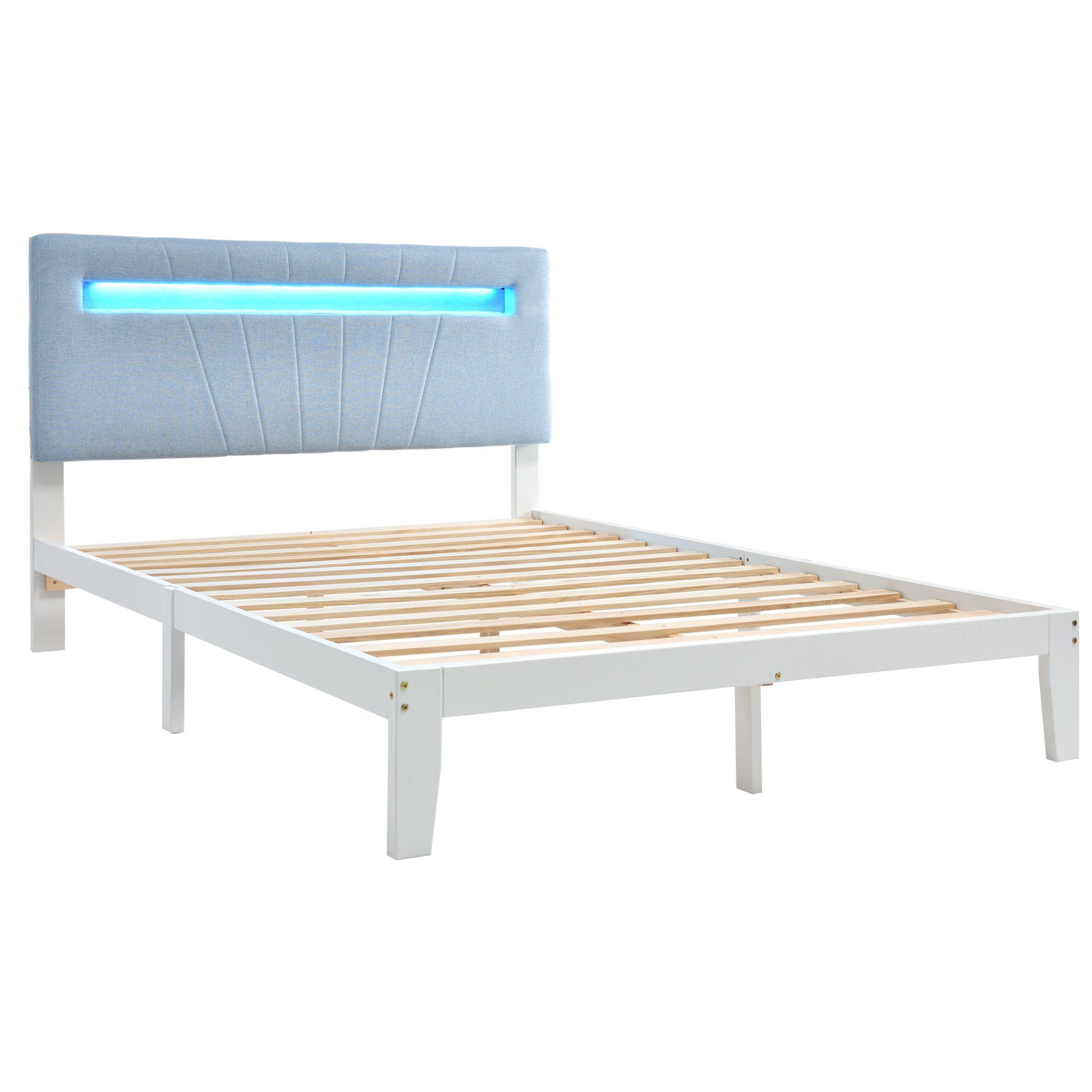 KLAM HOME Massivholzbett 140x200 Massivholzbett mit gepolstertes Kopfteil und Lattenrost (Set, Holzbett aus Kiefer mit LED-Leuchte), Einzelbett Doppelbett Bettrahmen, für Schlafzimmer und Jugendzimmer