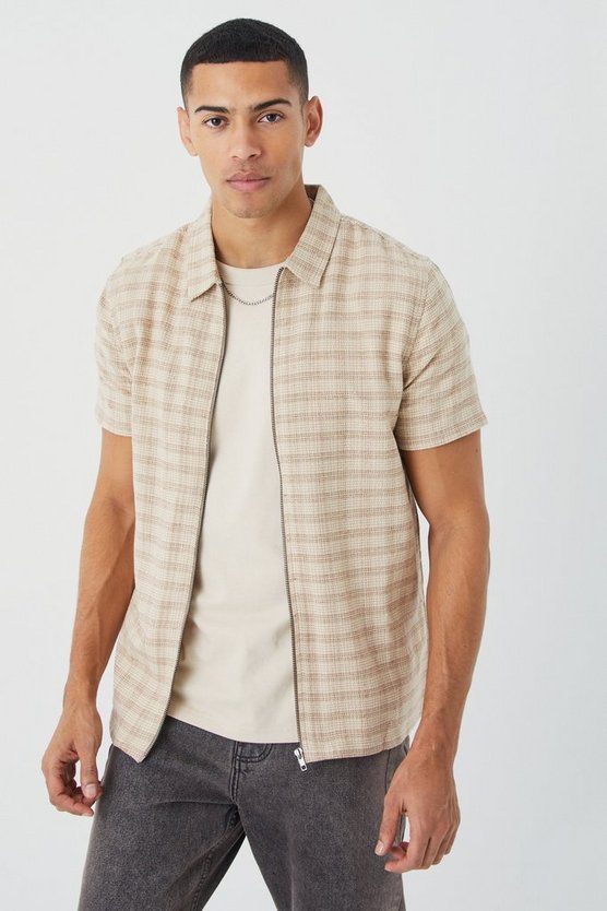 Kurzärmliges kariertes Overshirt mit Reißverschluss