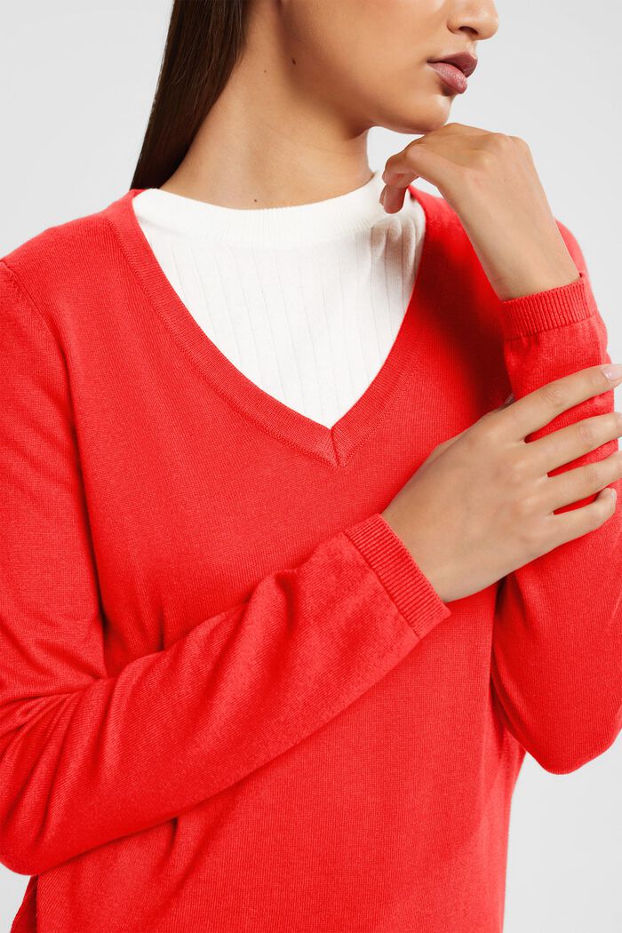 Basic V-Neck-Pullover,-Baumwoll-Mix