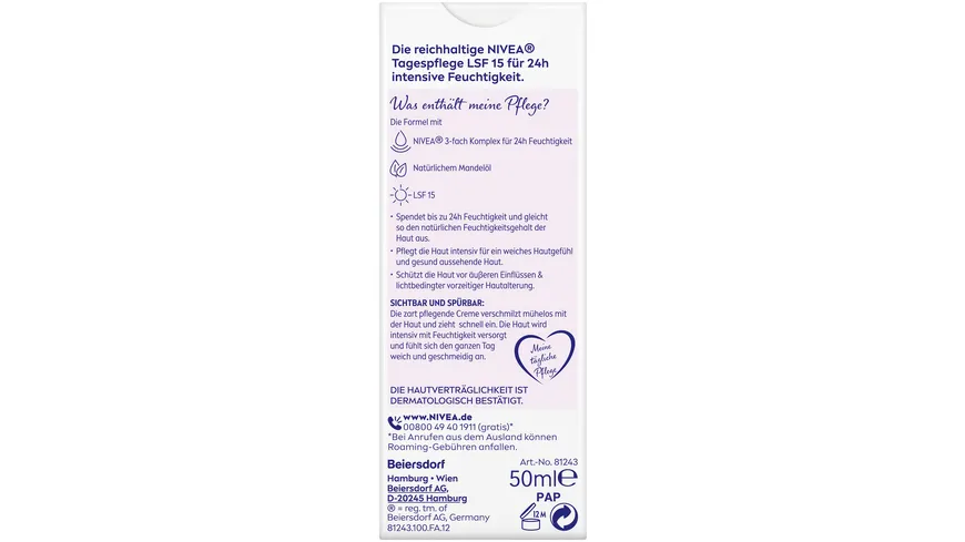 NIVEA Reichhaltige Tagespflege 24h Feuchtigkeit Trockene Haut LSF15 50 ml
