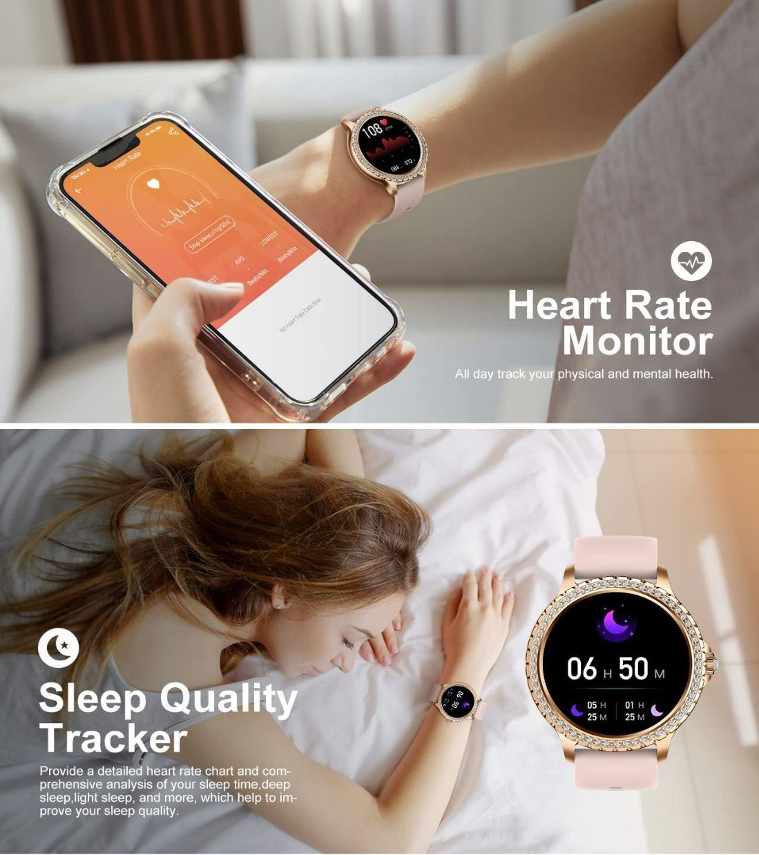 Lige Smartwatch, Damen Mit Telefonfunktion Wasserdicht Rund iOS Android Smart Watch