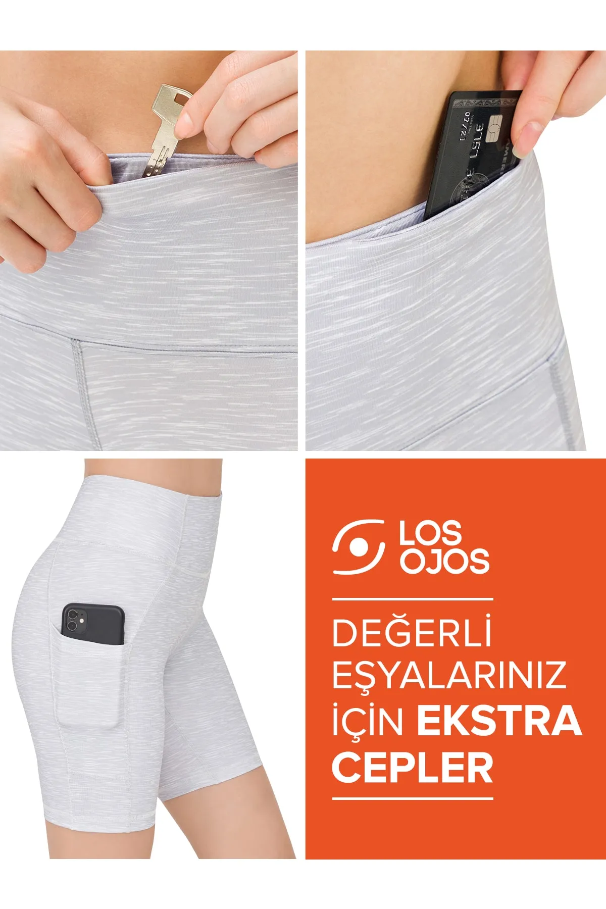 LOS OJOS  Kompakte Biker-Shorts mit doppelter Tasche und kurzen Sport-Tights in meliertem Grau für Damen mit hoher Taille