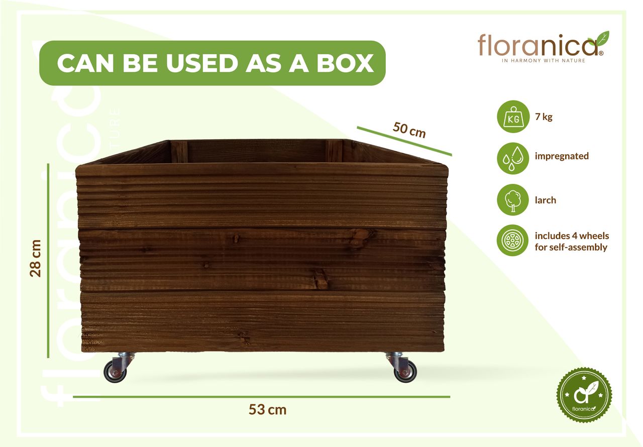 Pemicont Floranica Blumentopf aus Holz Kasten 4 Rollen 50cm x 535cm x 285cm Braun Imprägniertes Lärchenholz Schutzhülle für Kräuter Blumen Haus- und Gartendekoration Innen- und Außenbereich