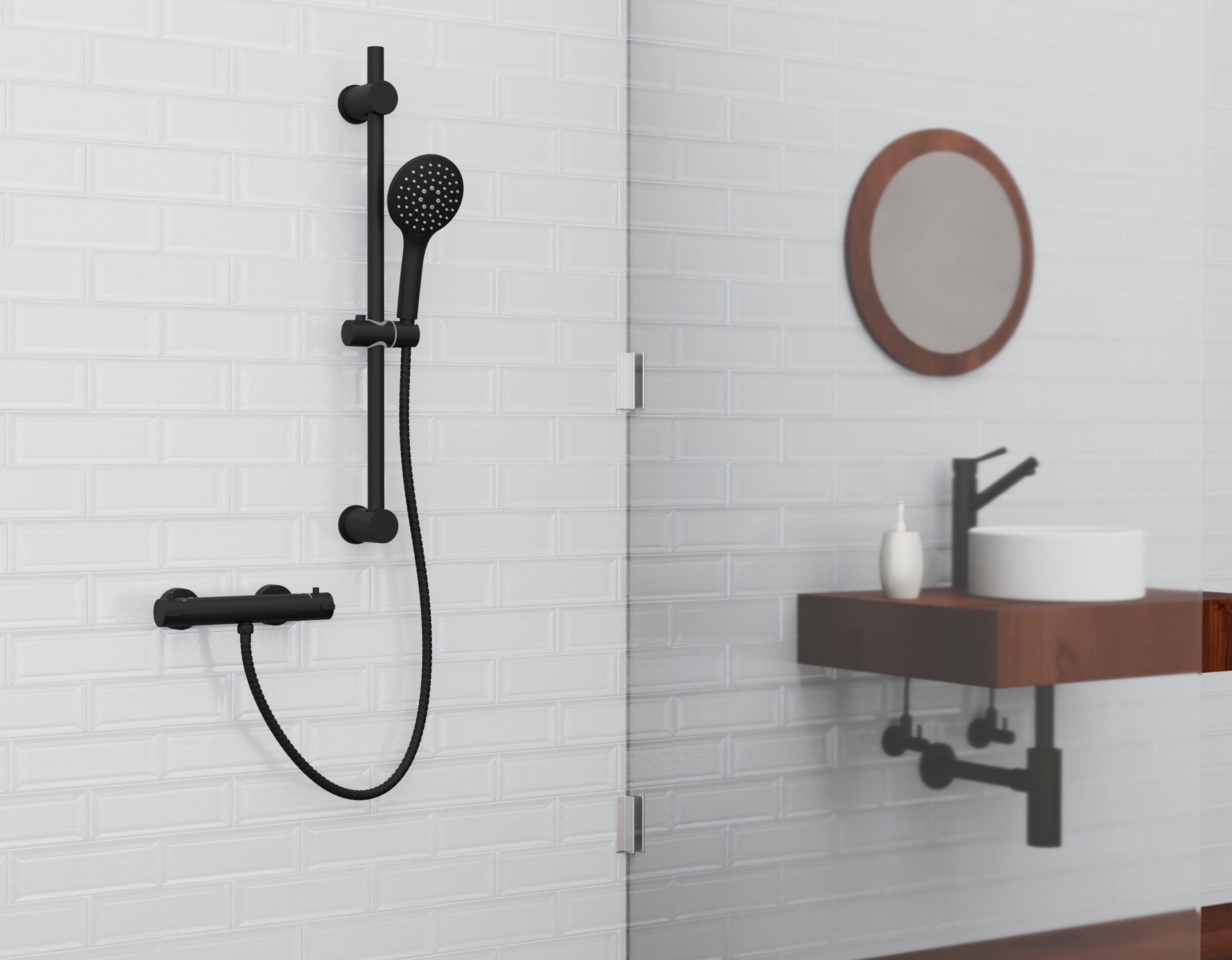 Schütte Duschsystem BLACK, Höhe 70 cm, 3 Strahlart(en), Überkopfbrauseset mit Thermostat, höhenverstellbar