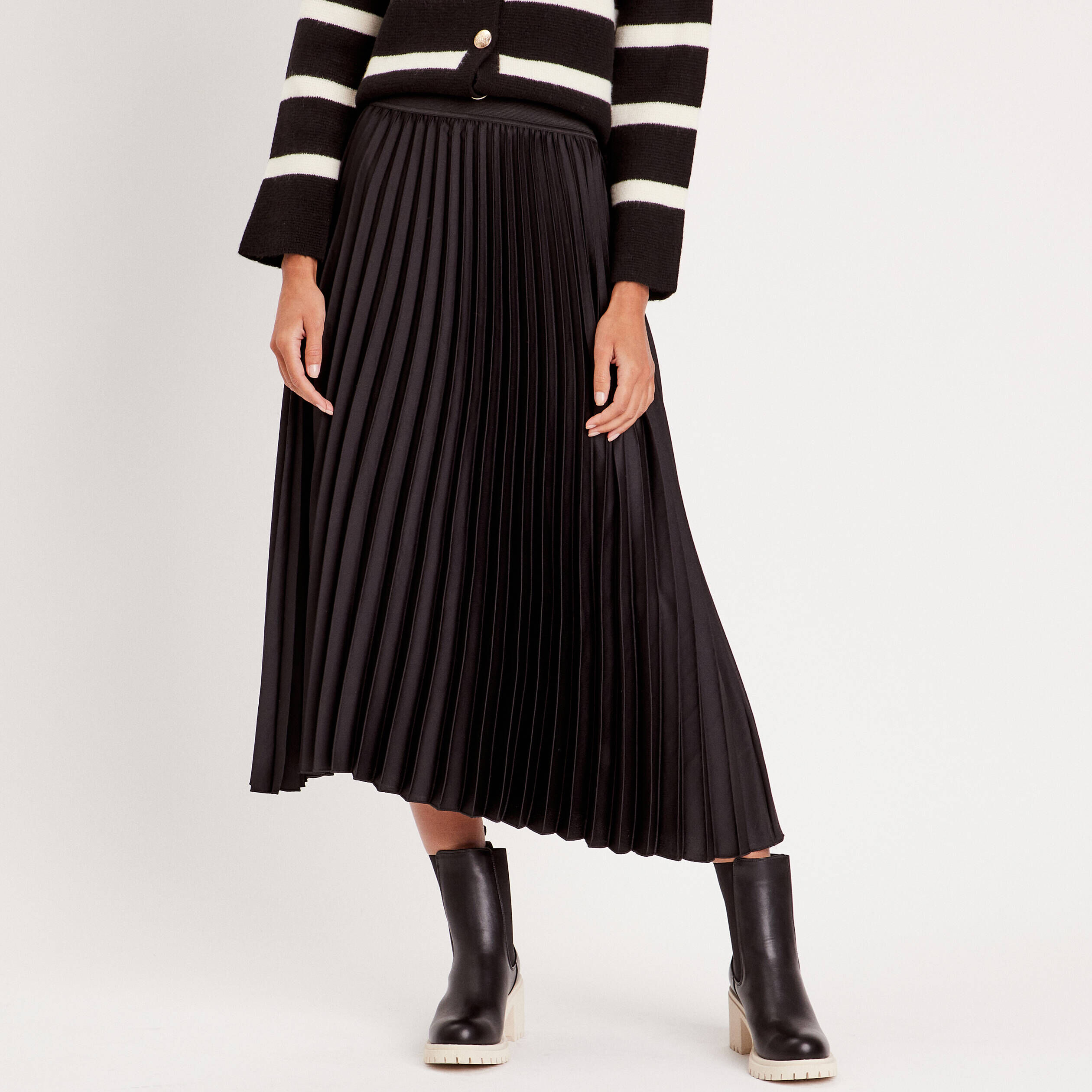 Jupe longue patineuse plissée noir femme | Cache Cache