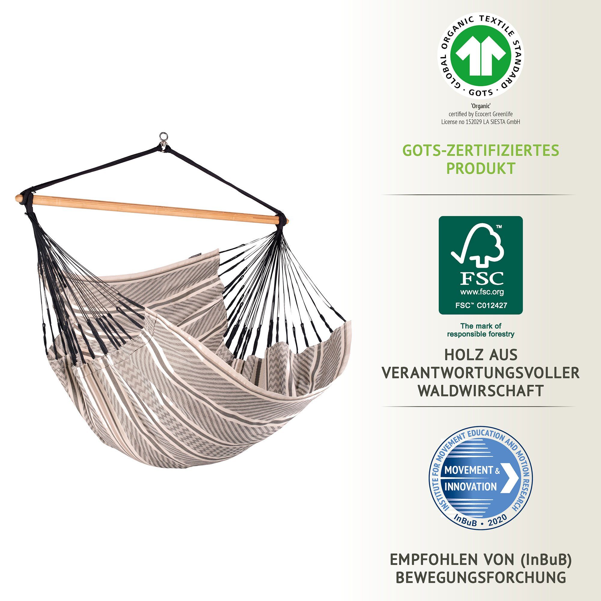 La Siesta Hängestuhl Hängestuhl Hängesessel Lounger HABANA Zebra Bio Baumwolle La Siesta, Hochwertige Qualität